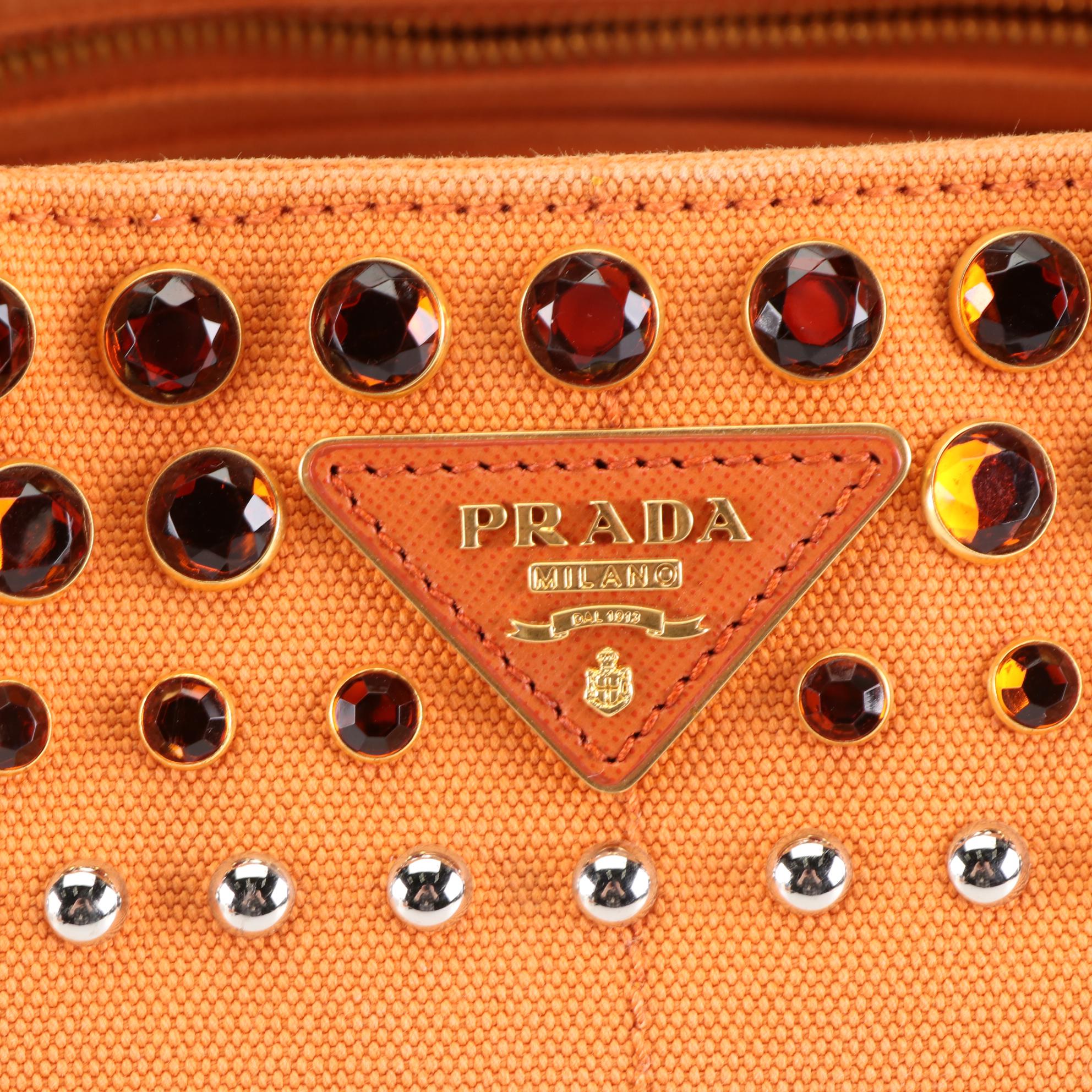 Prada Embellished Canapa Canvas Tote Bag with Detachable Strap