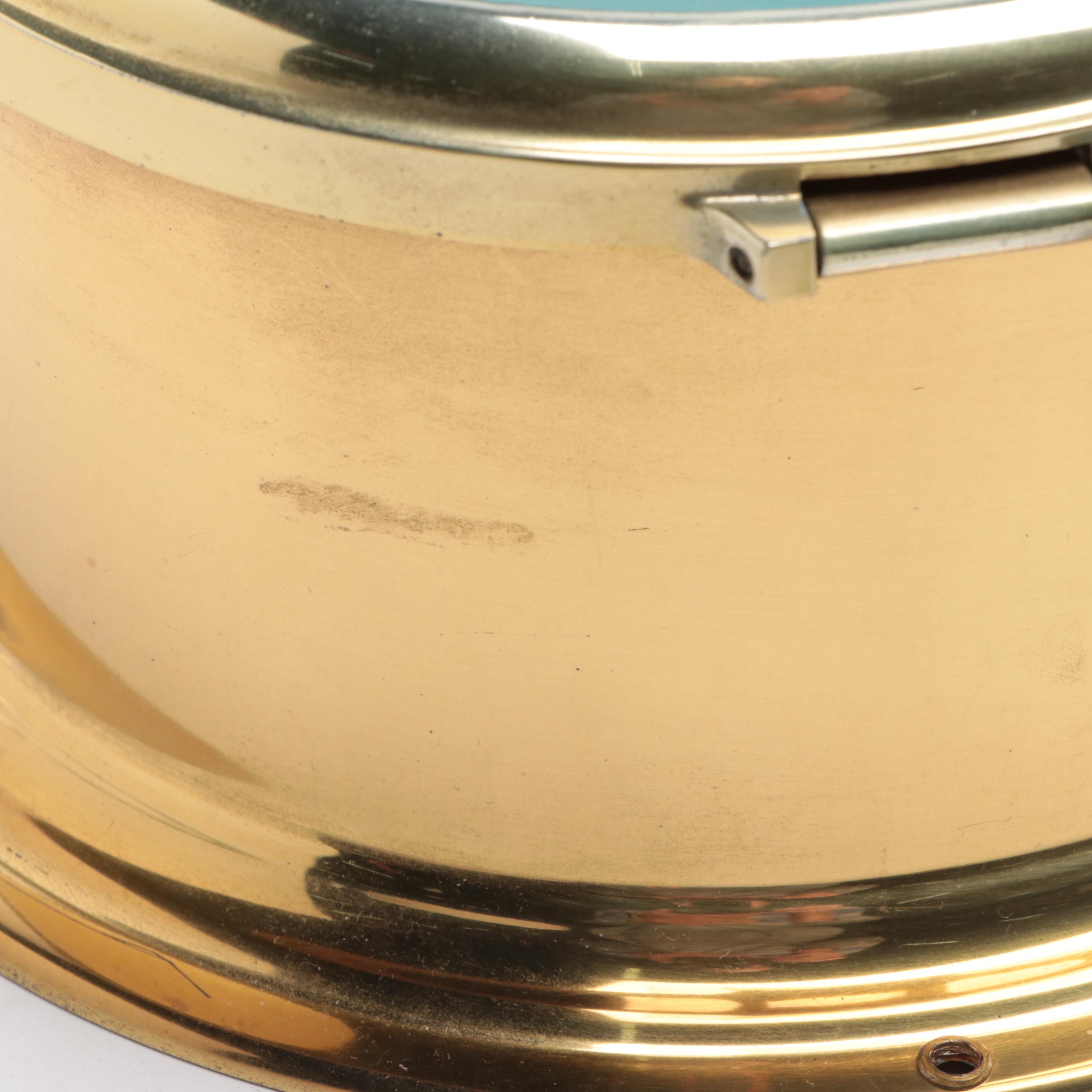 Bulova Ship's Bell Brass Nautical Clock with Art Glass Racing Yacht Figurine