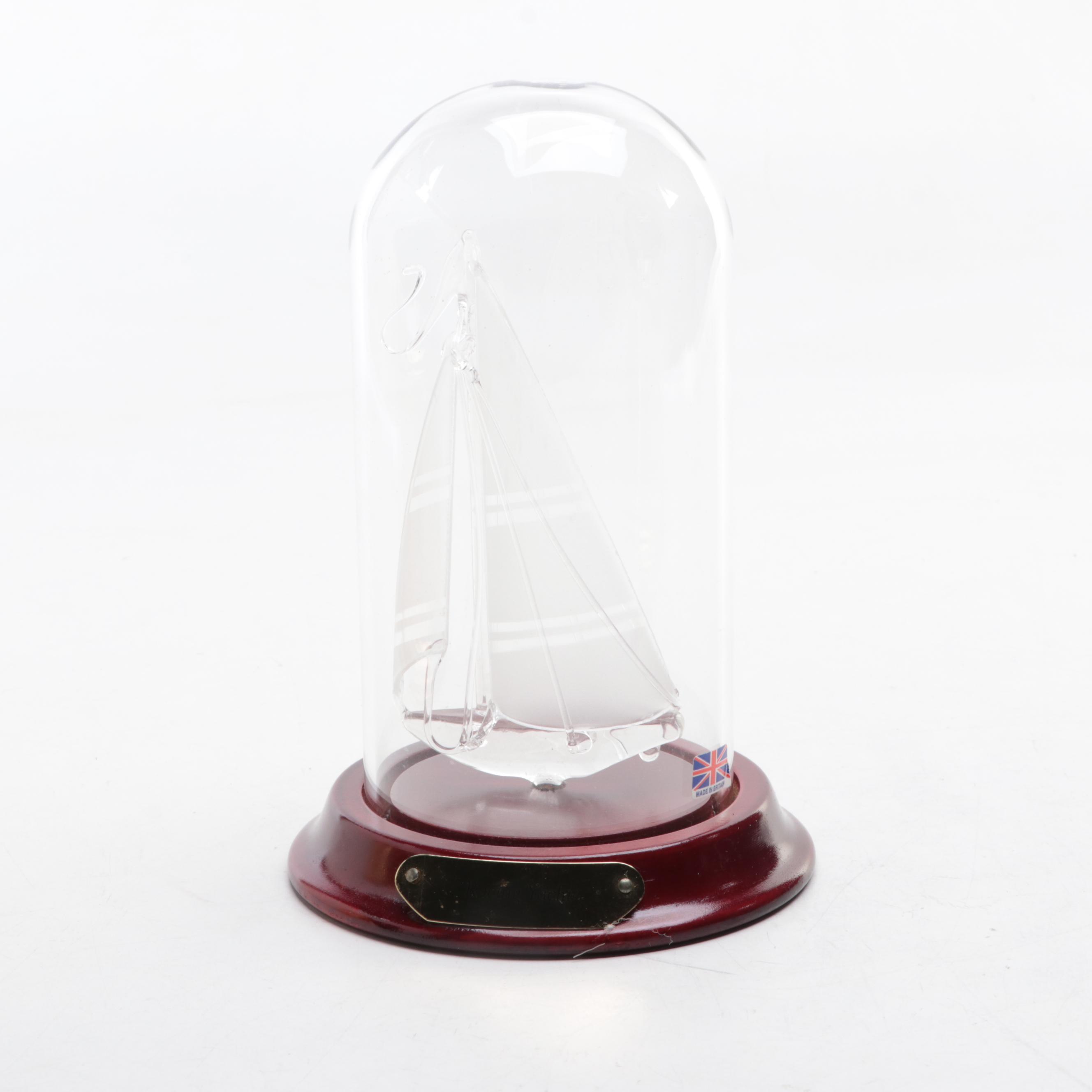 Bulova Ship's Bell Brass Nautical Clock with Art Glass Racing Yacht Figurine