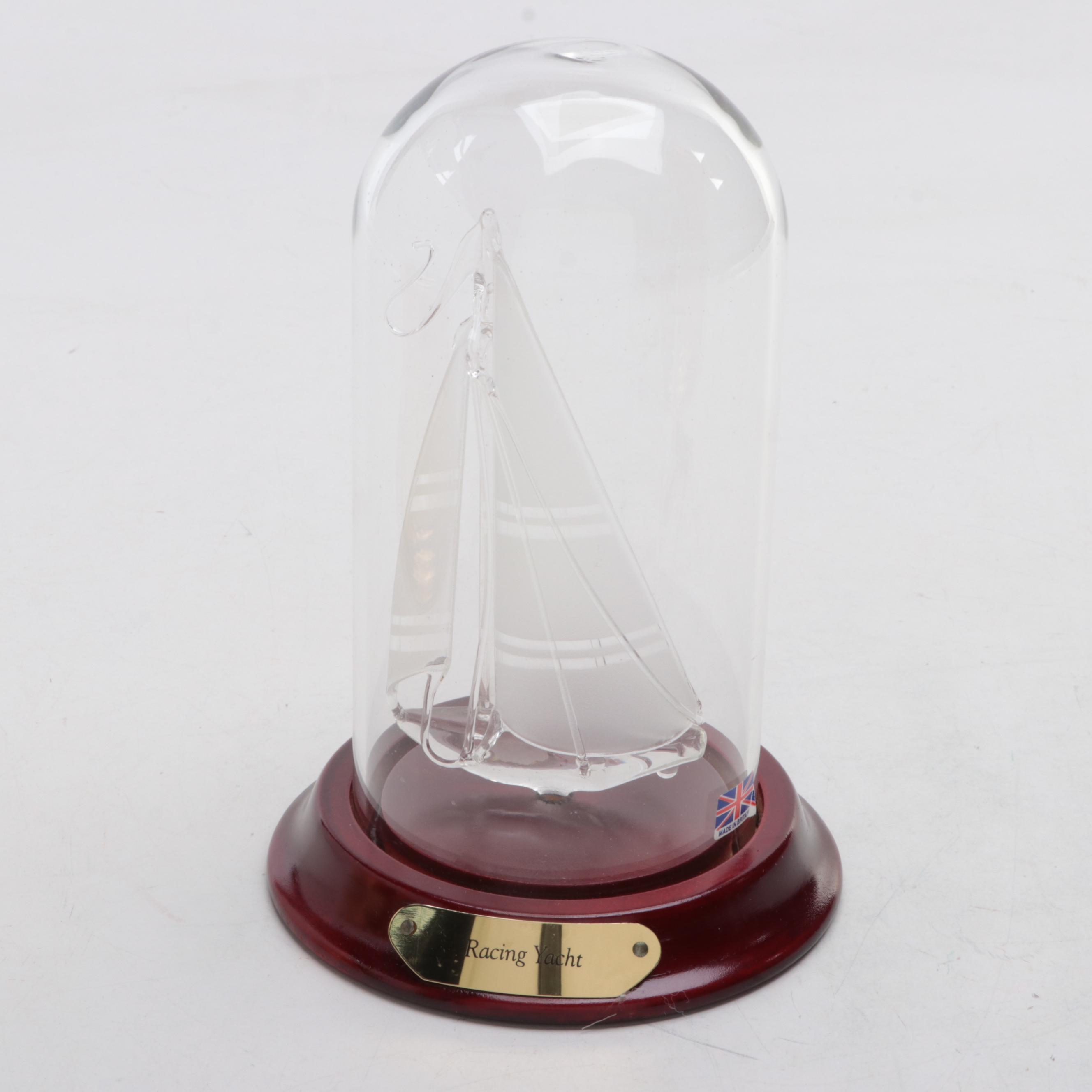 Bulova Ship's Bell Brass Nautical Clock with Art Glass Racing Yacht Figurine