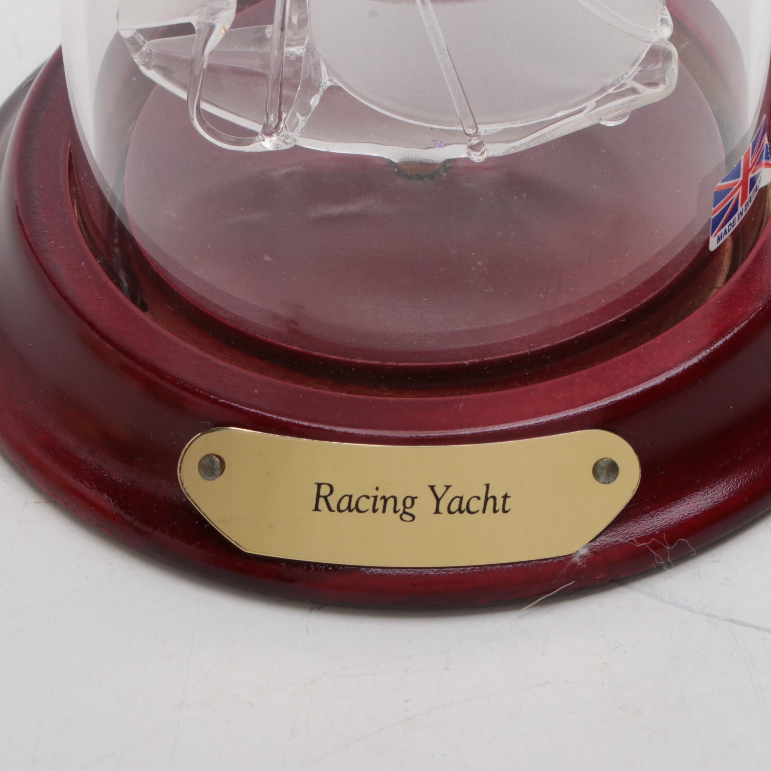 Bulova Ship's Bell Brass Nautical Clock with Art Glass Racing Yacht Figurine