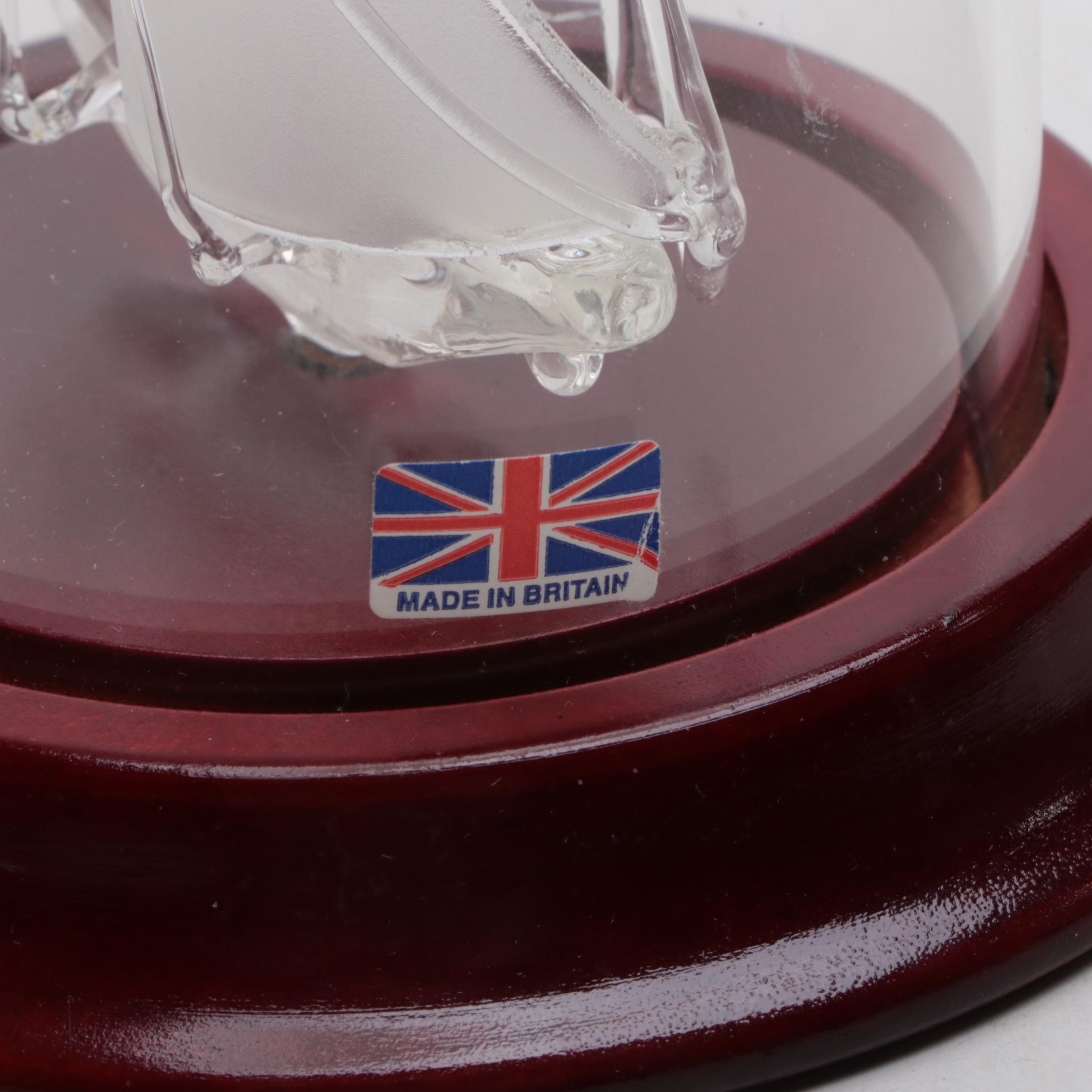 Bulova Ship's Bell Brass Nautical Clock with Art Glass Racing Yacht Figurine