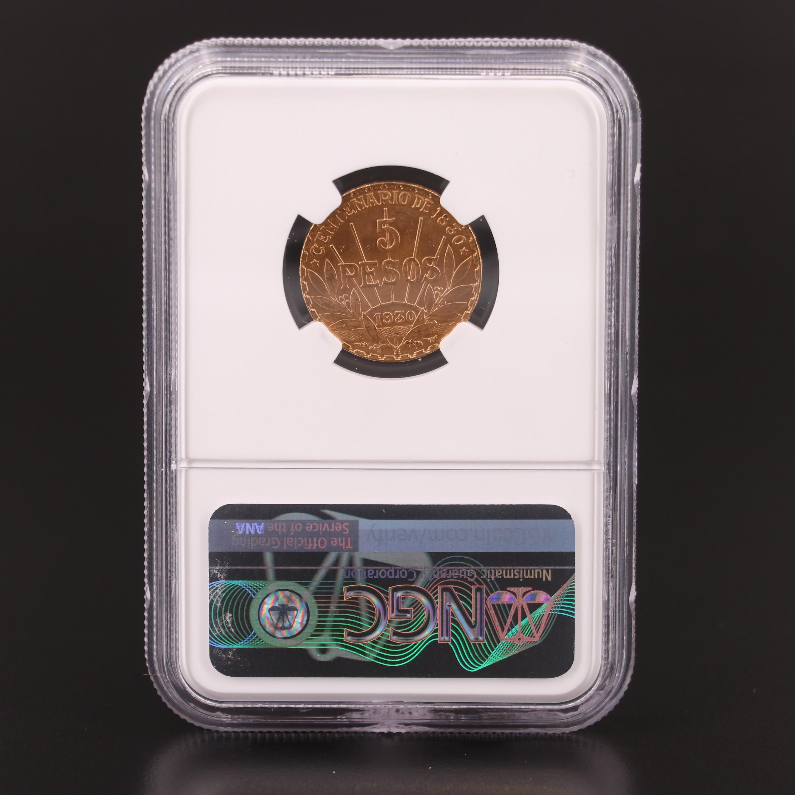 NGC MS62 1930 Uruguay Gold Five Peso Coin