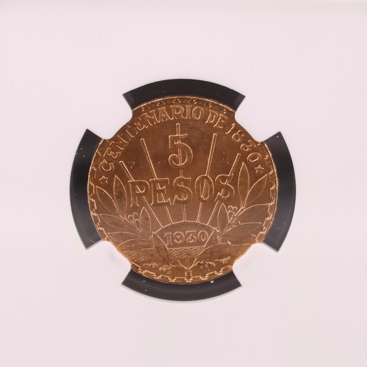 NGC MS62 1930 Uruguay Gold Five Peso Coin
