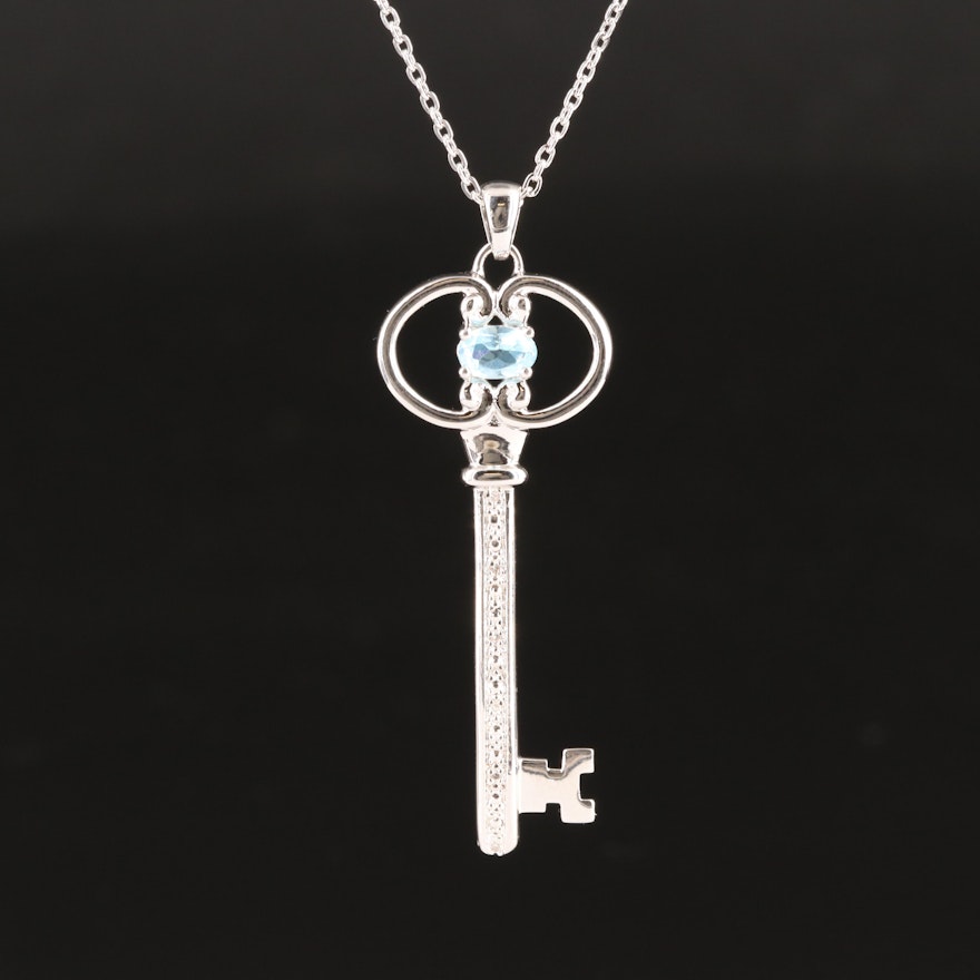 Sterling Sky Blue Topaz and Diamond Key Pendant Necklace