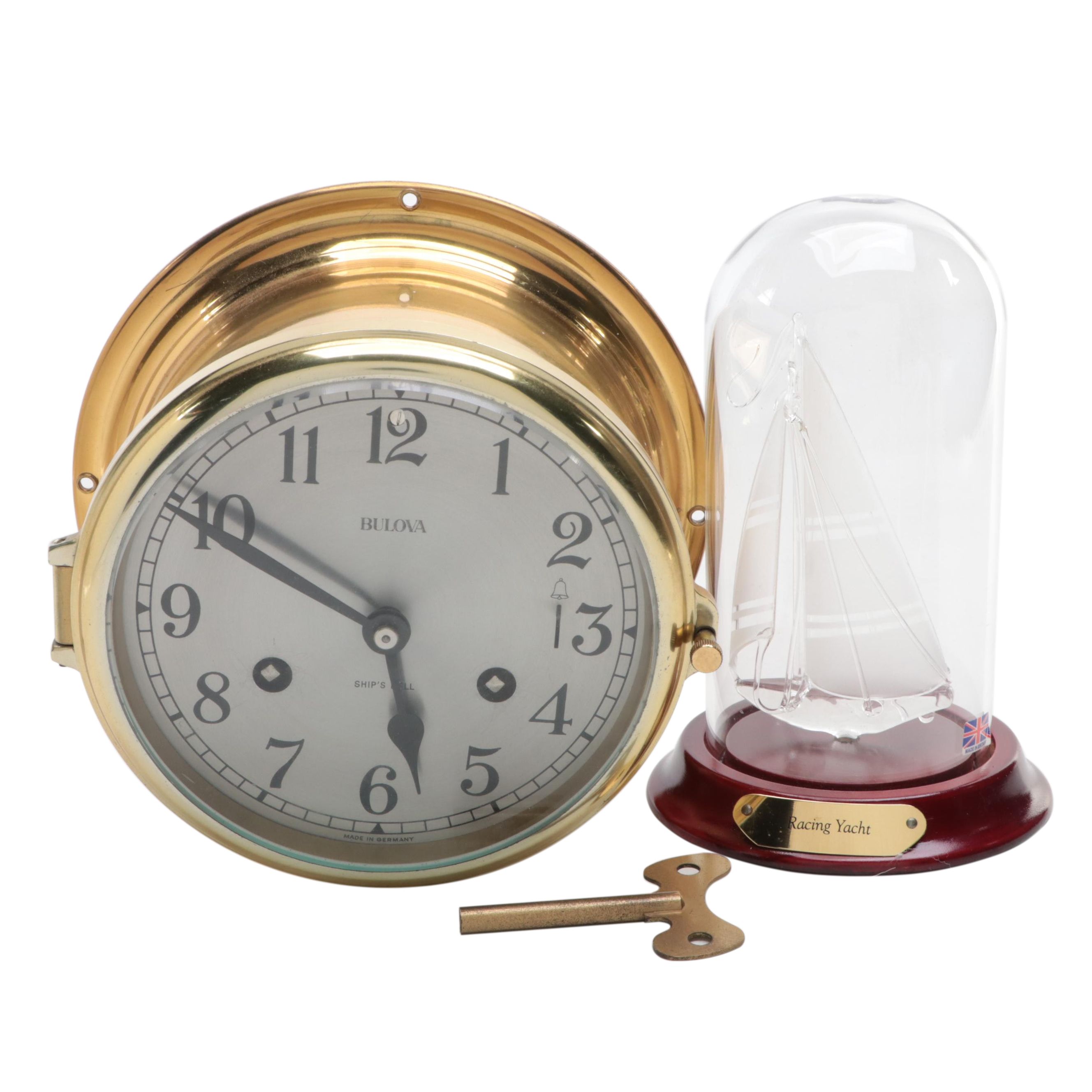 Bulova Ship's Bell Brass Nautical Clock with Art Glass Racing Yacht