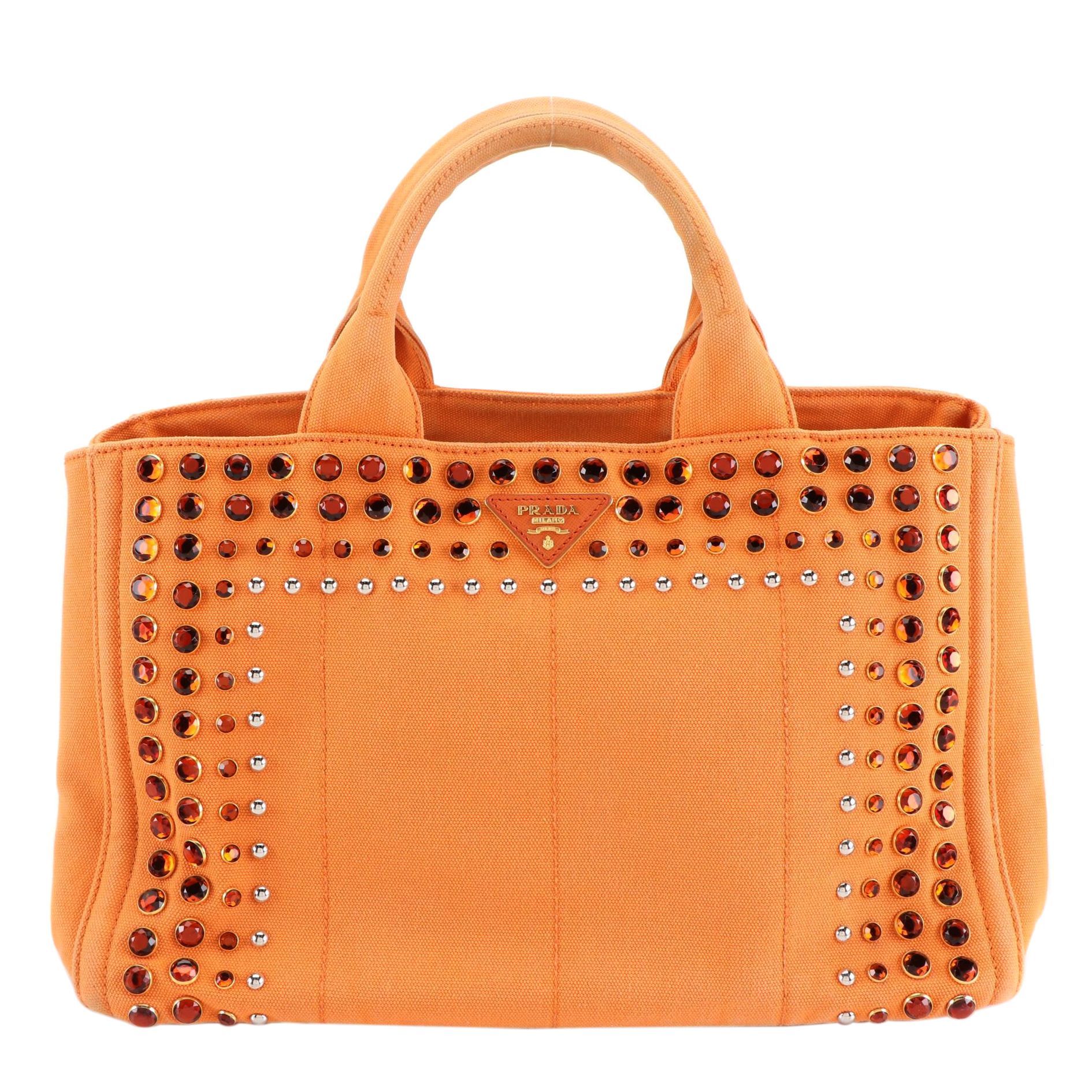 Prada Embellished Canapa Canvas Tote Bag with Detachable Strap