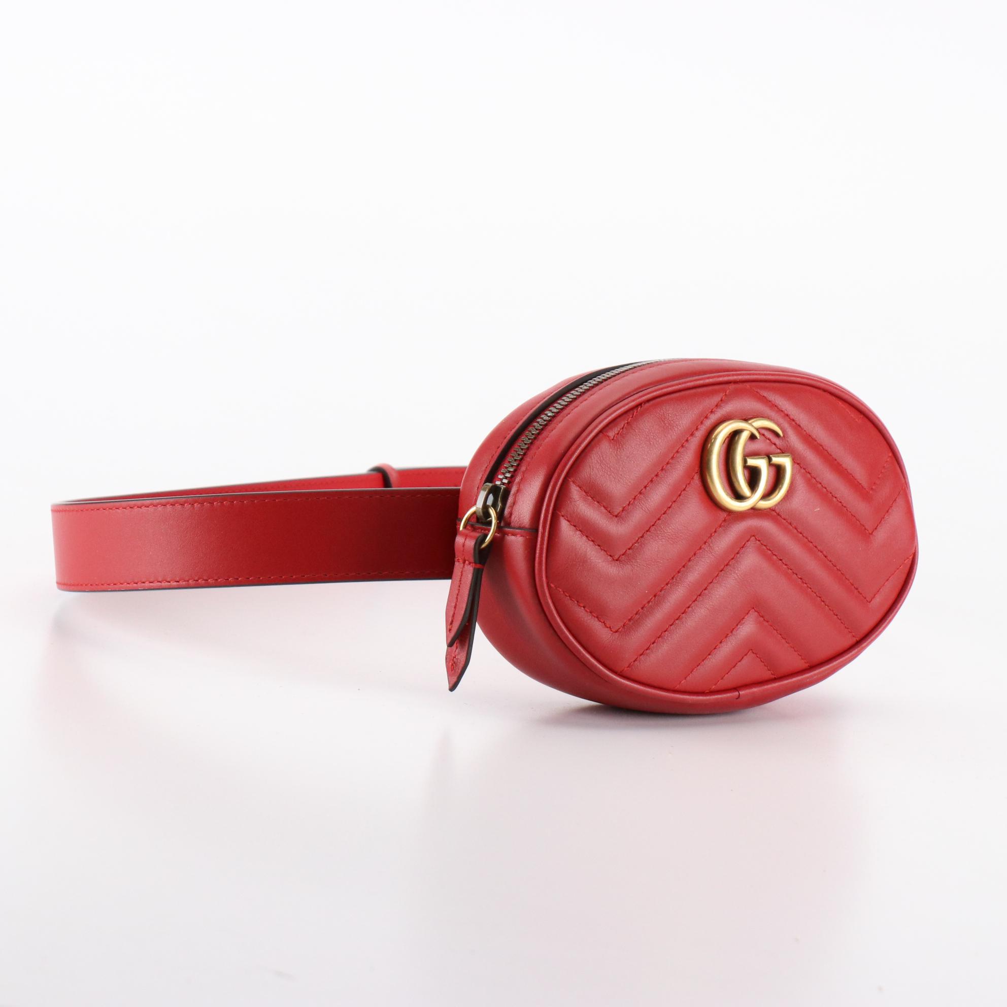 Gucci GG Marmont Belt Bag in Quilted Matelassé Red Leather