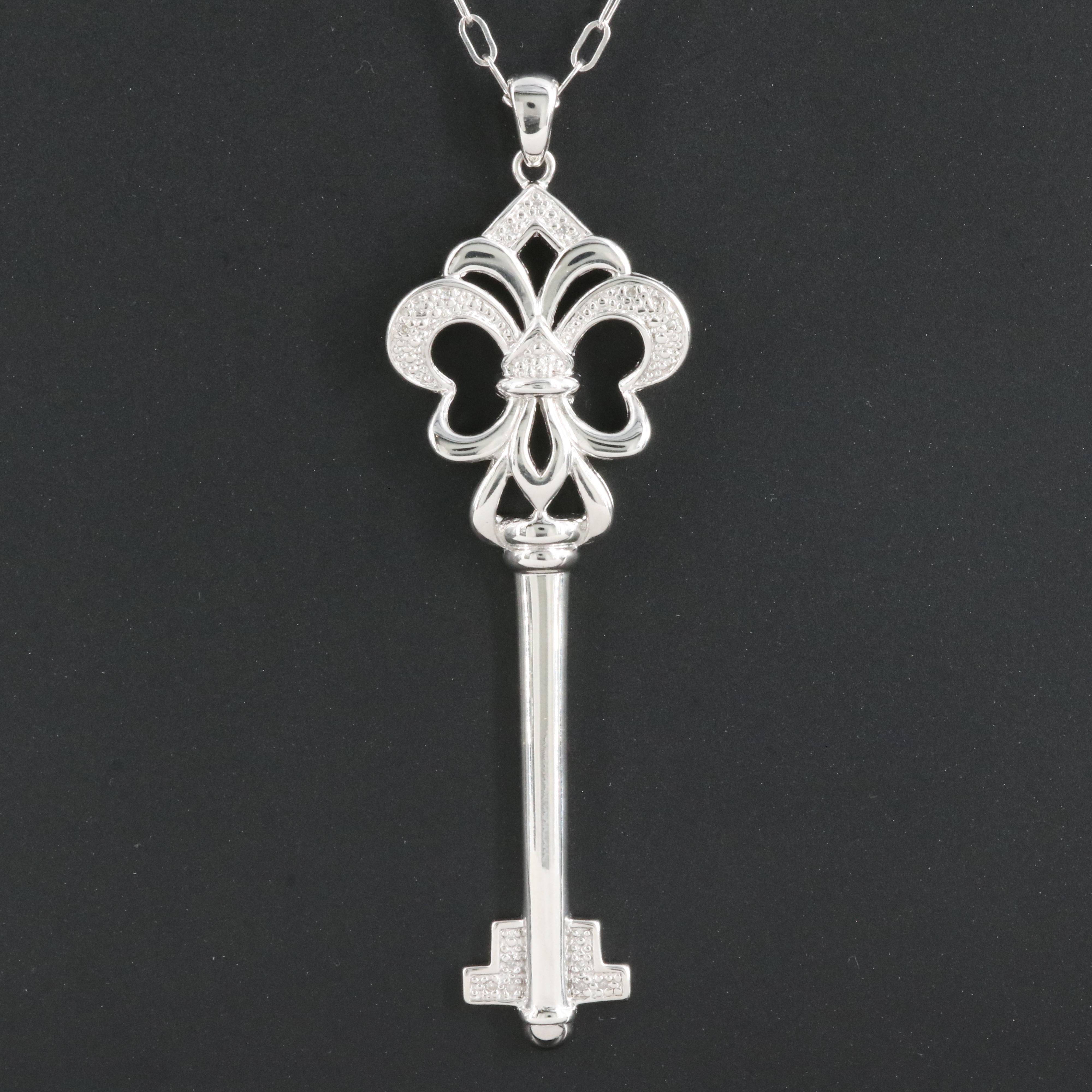 Sterling Diamond Fleur-de-Lis Key Pendant Necklace