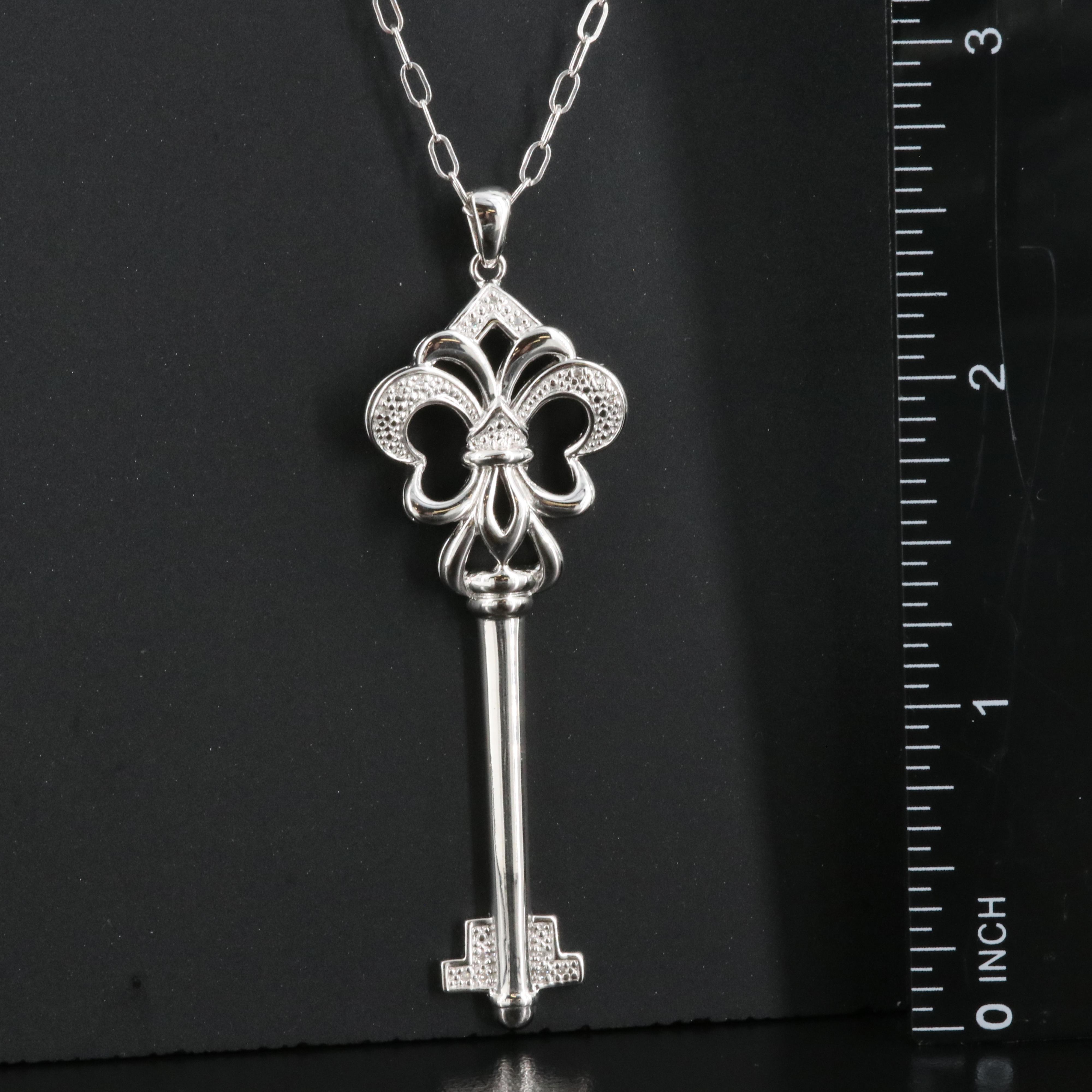 Sterling Diamond Fleur-de-Lis Key Pendant Necklace