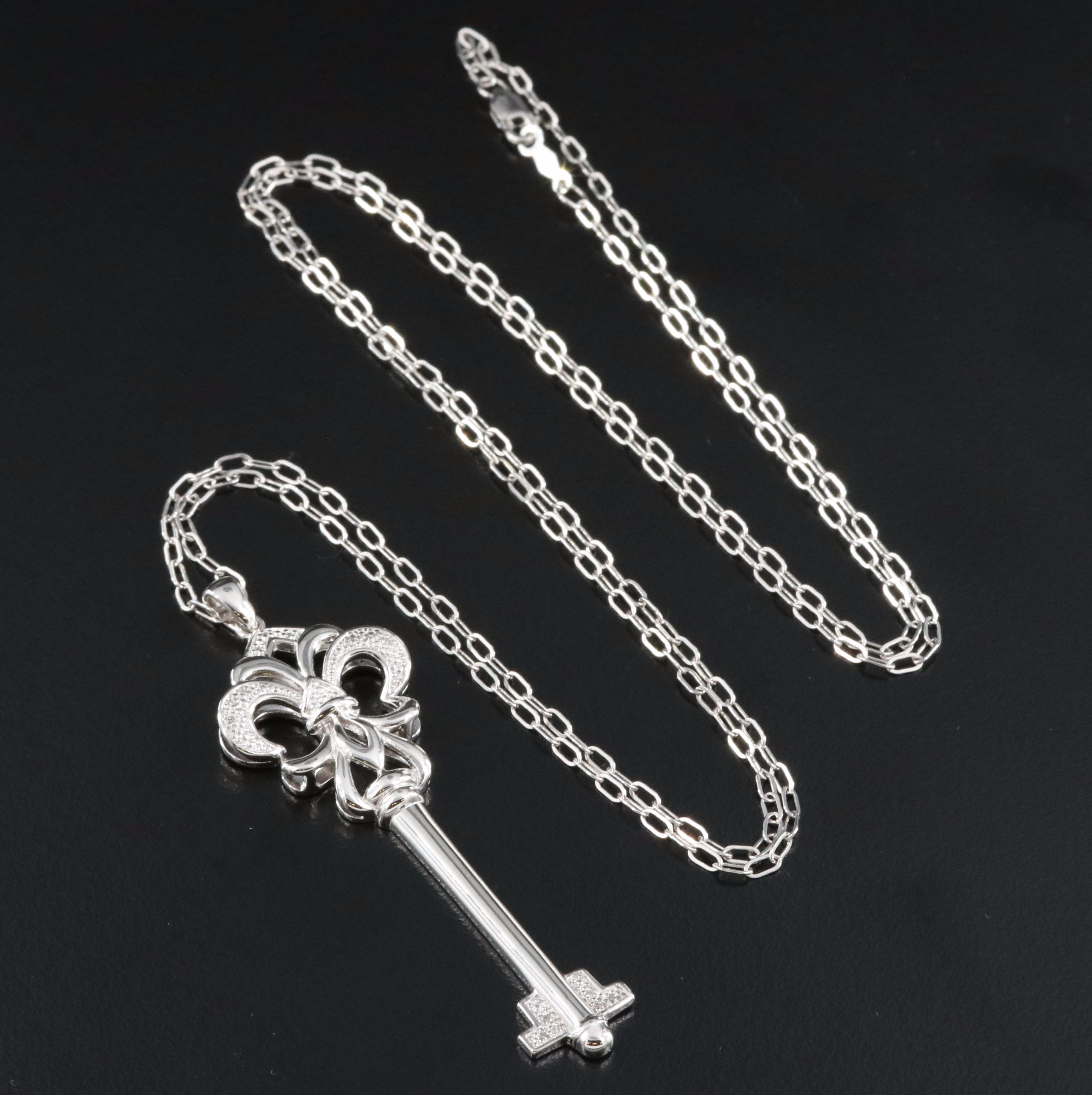 Sterling Diamond Fleur-de-Lis Key Pendant Necklace