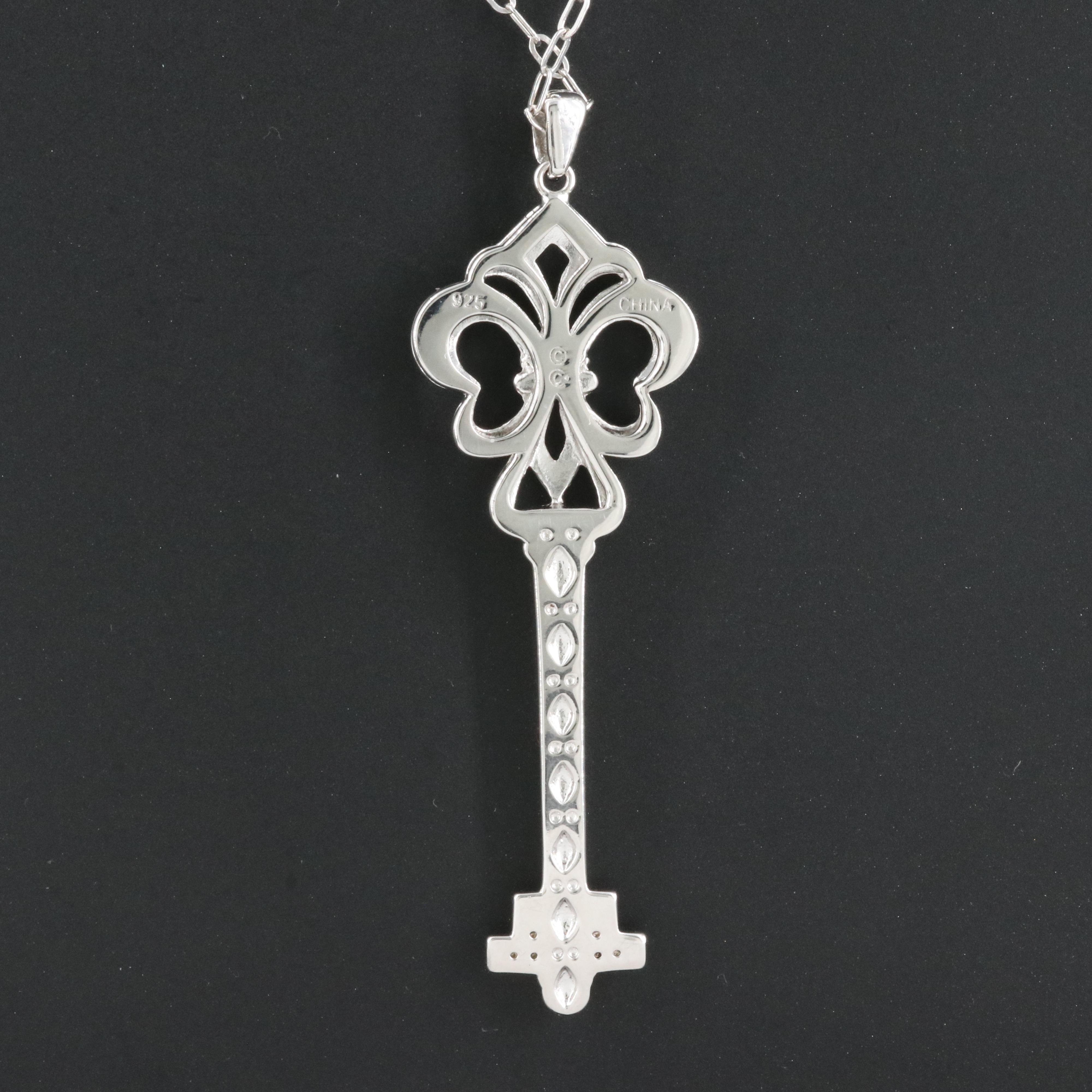 Sterling Diamond Fleur-de-Lis Key Pendant Necklace