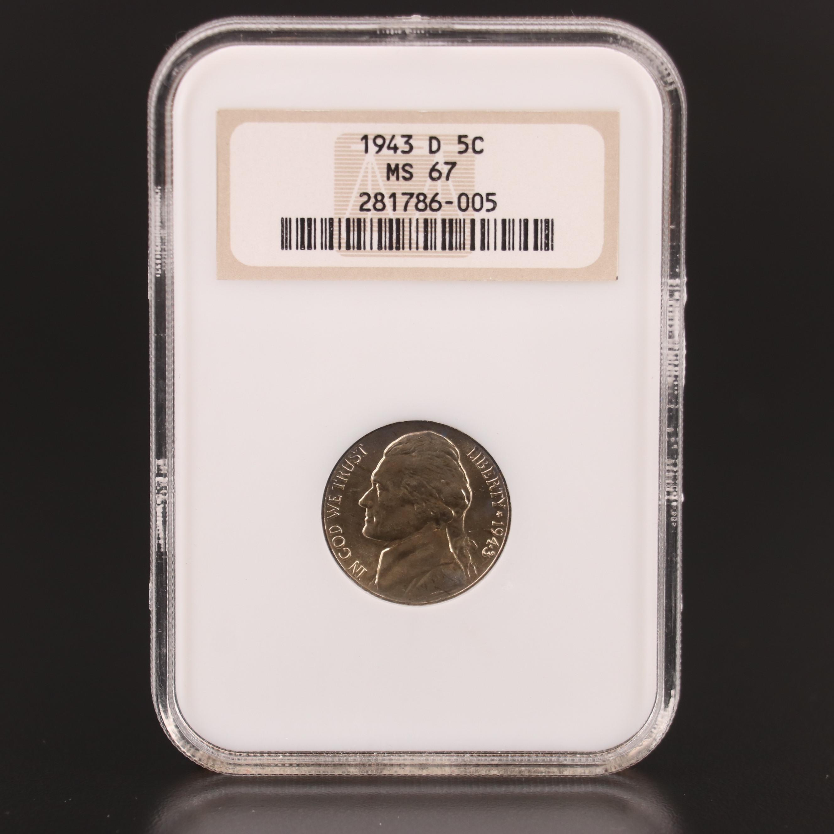NGC MS67 1943-D Wartime Silver Alloy Jefferson Nickel