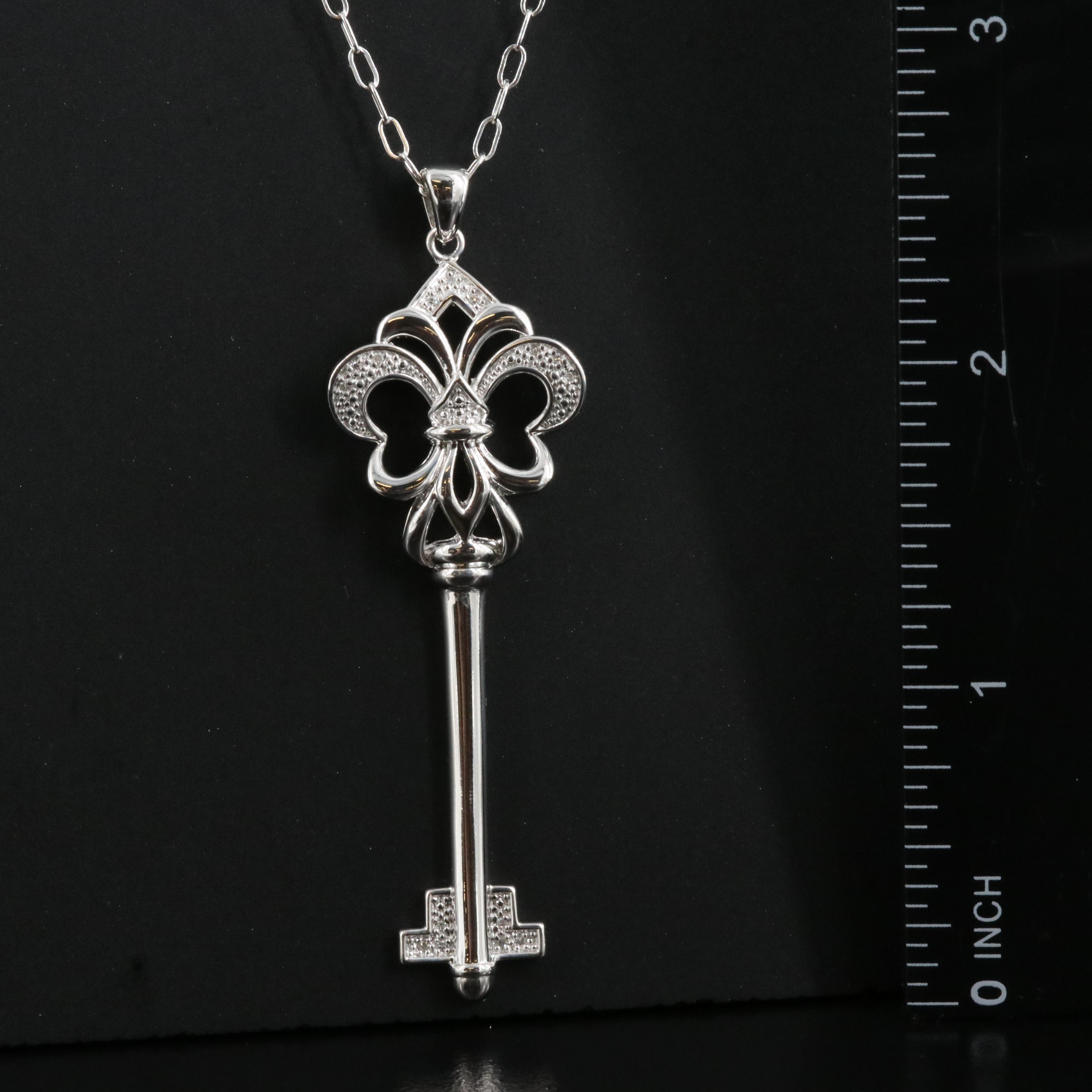Sterling Diamond Fleur-de-Lis Key Pendant Necklace