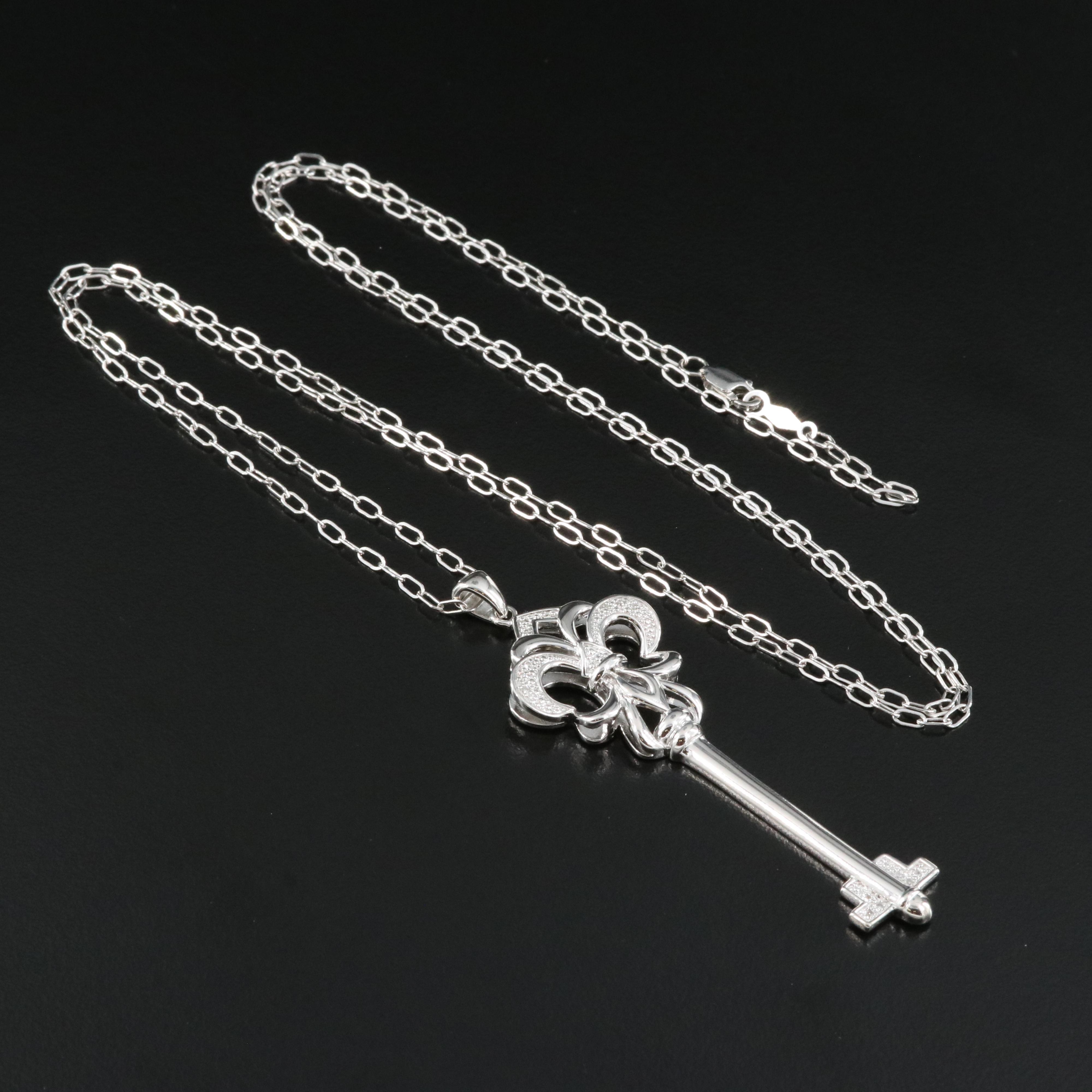 Sterling Diamond Fleur-de-Lis Key Pendant Necklace