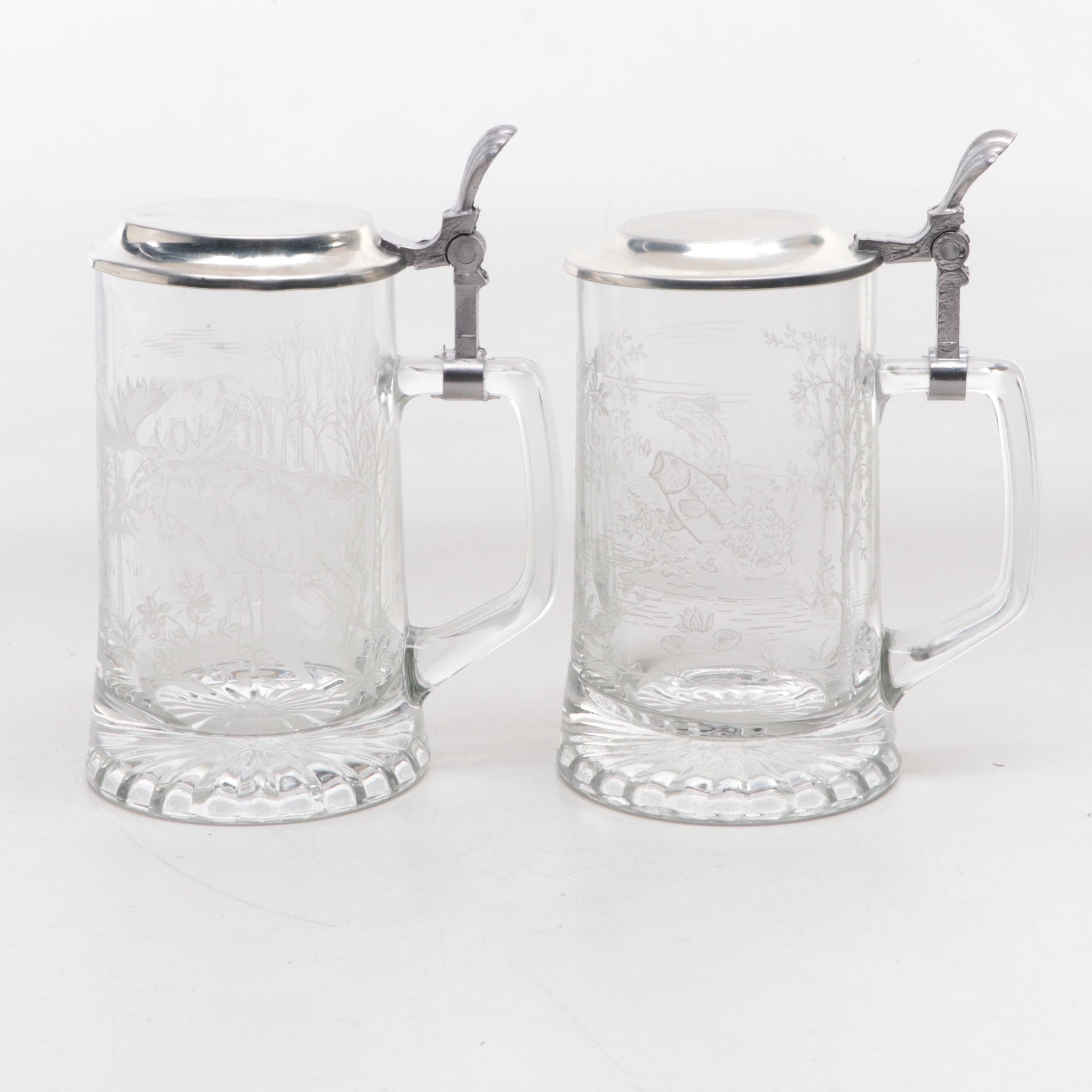 Alwe German Etched Glass Beer Steins with Accent Pillow