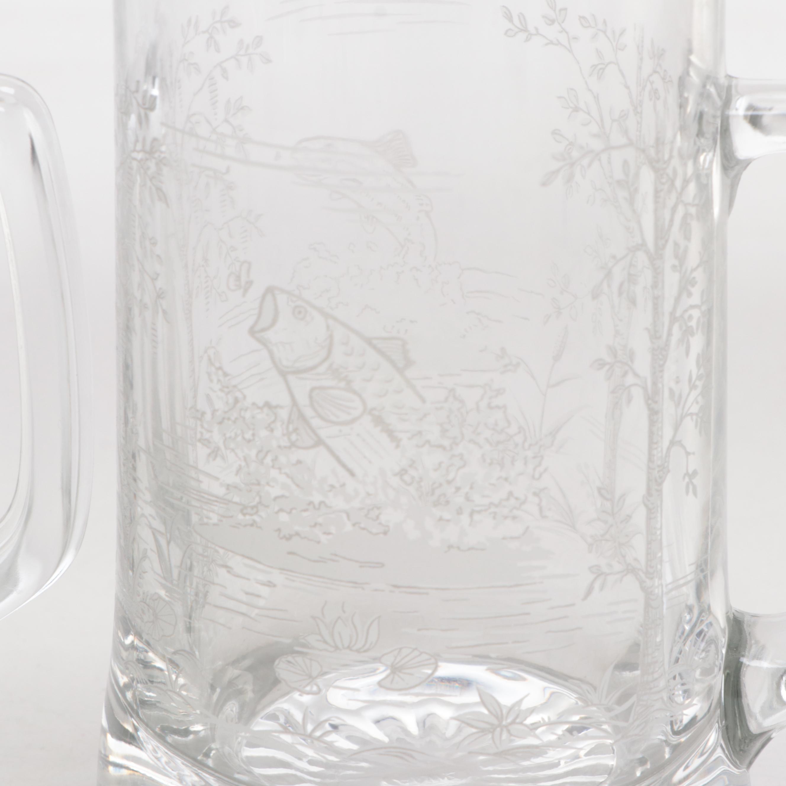 Alwe German Etched Glass Beer Steins with Accent Pillow