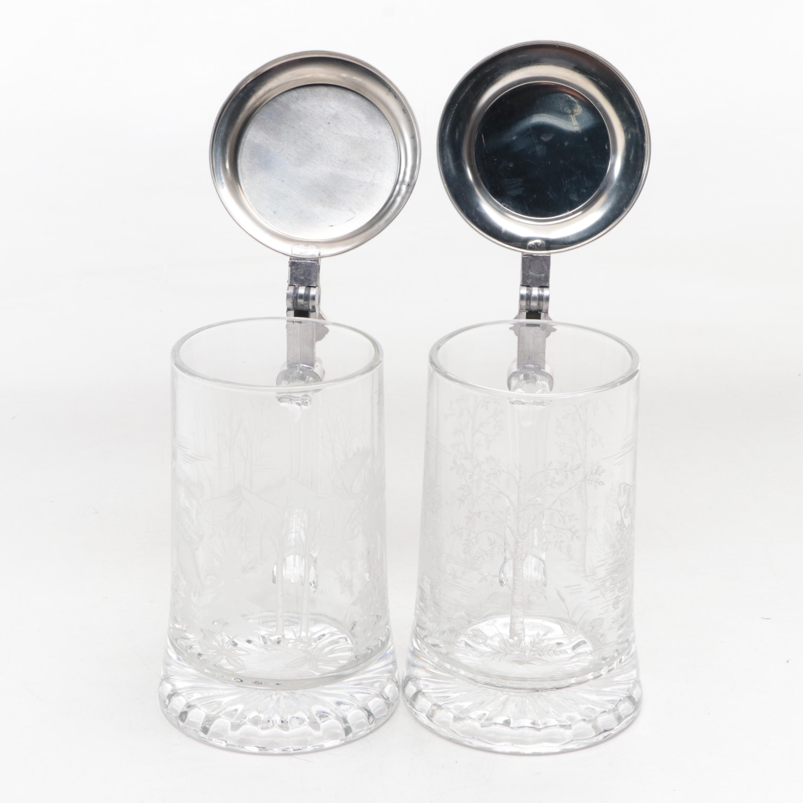 Alwe German Etched Glass Beer Steins with Accent Pillow