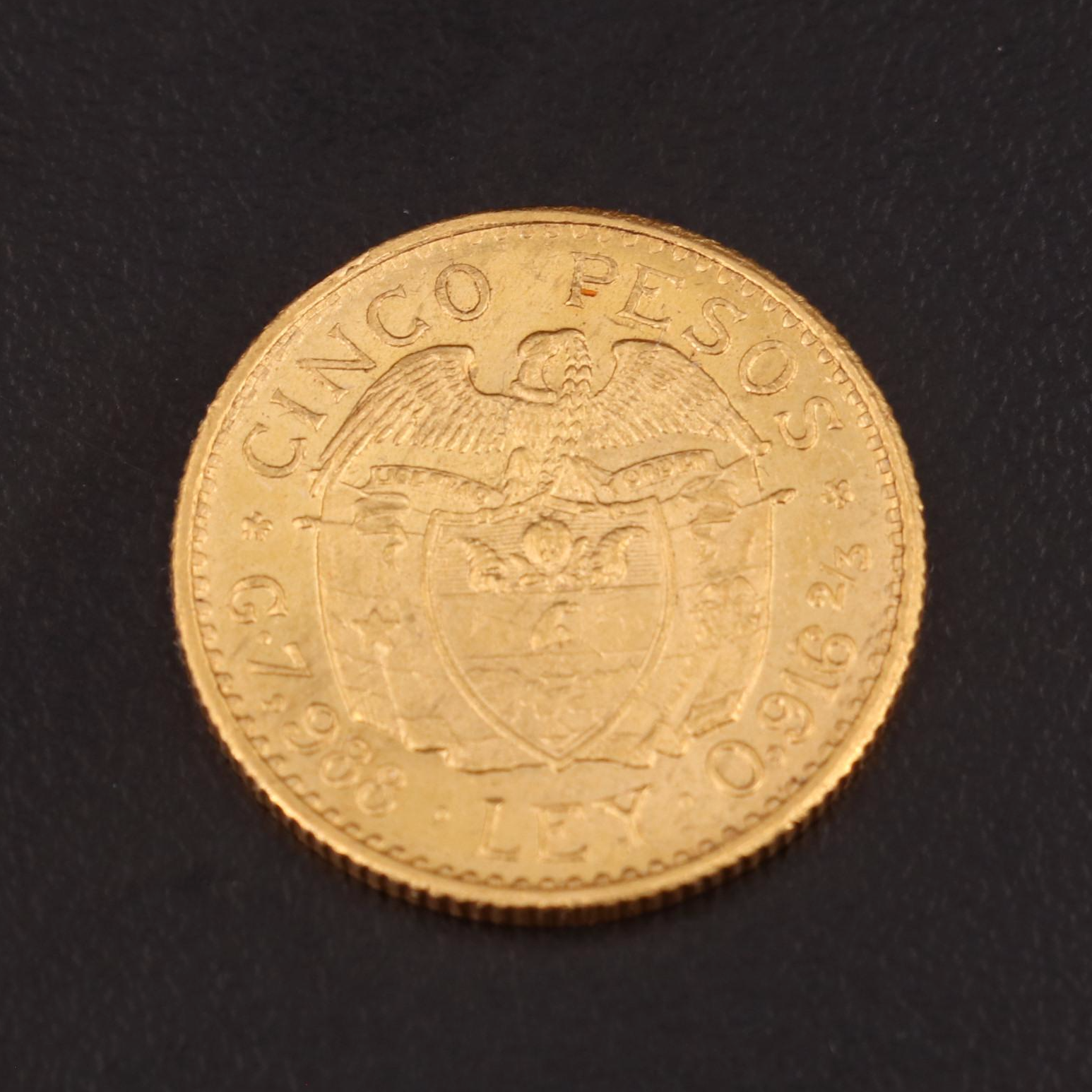 1924 Colombia Five Pesos Gold Coin
