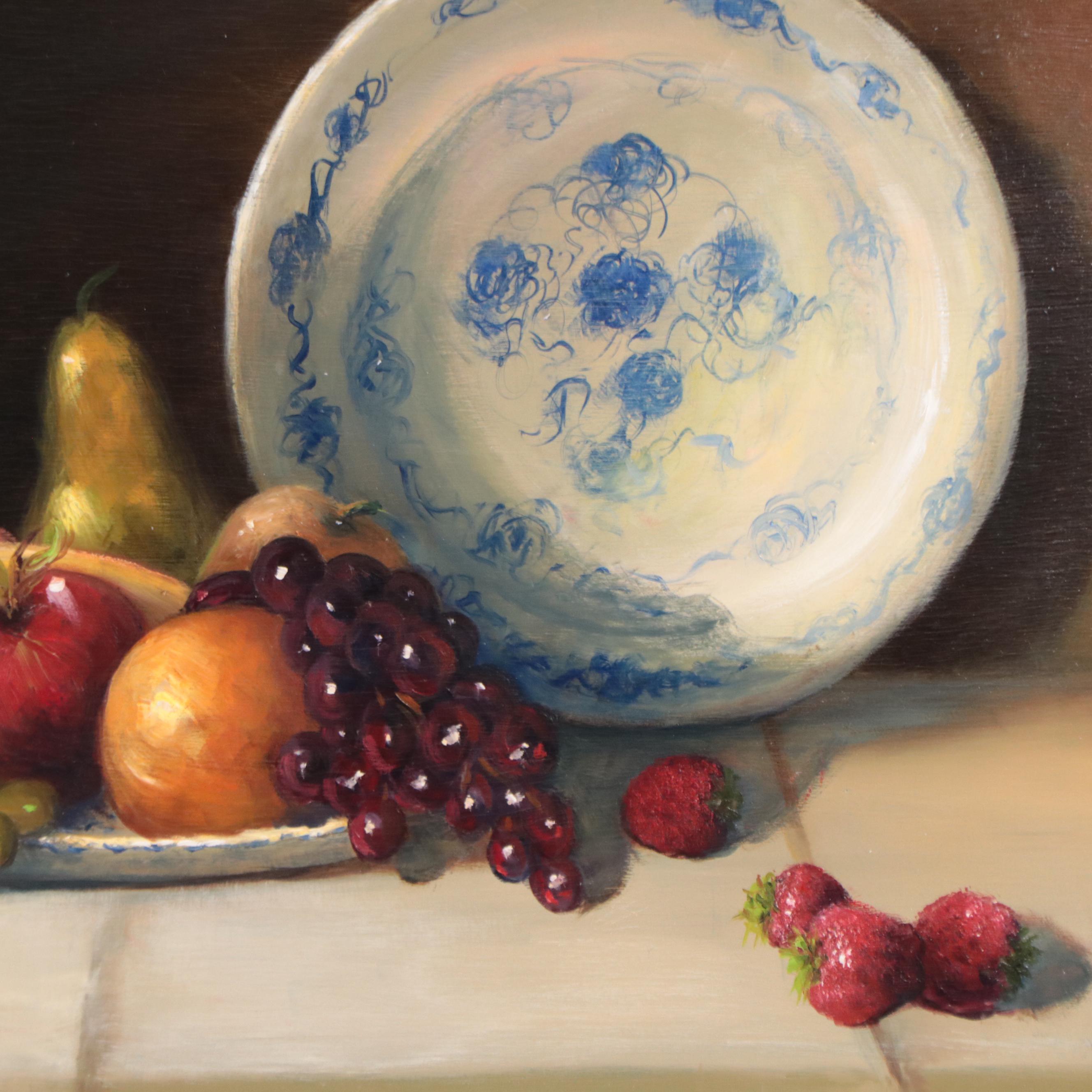 Arlen Perkins Withey Oil Painting "Blue Dishes with Fruit," 1995
