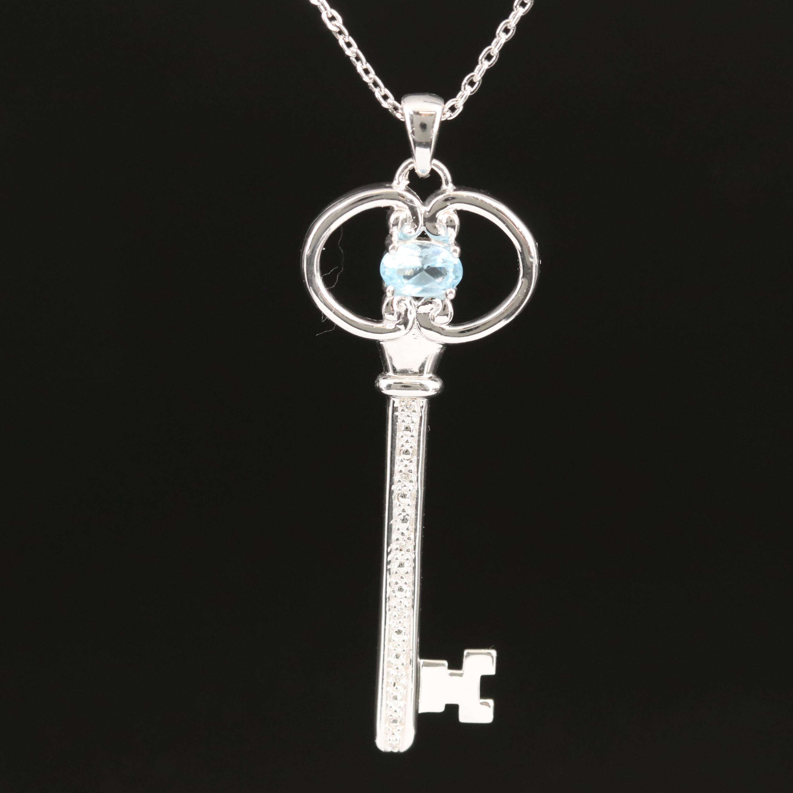 Sterling Sky Blue Topaz and Diamond Key Pendant Necklace