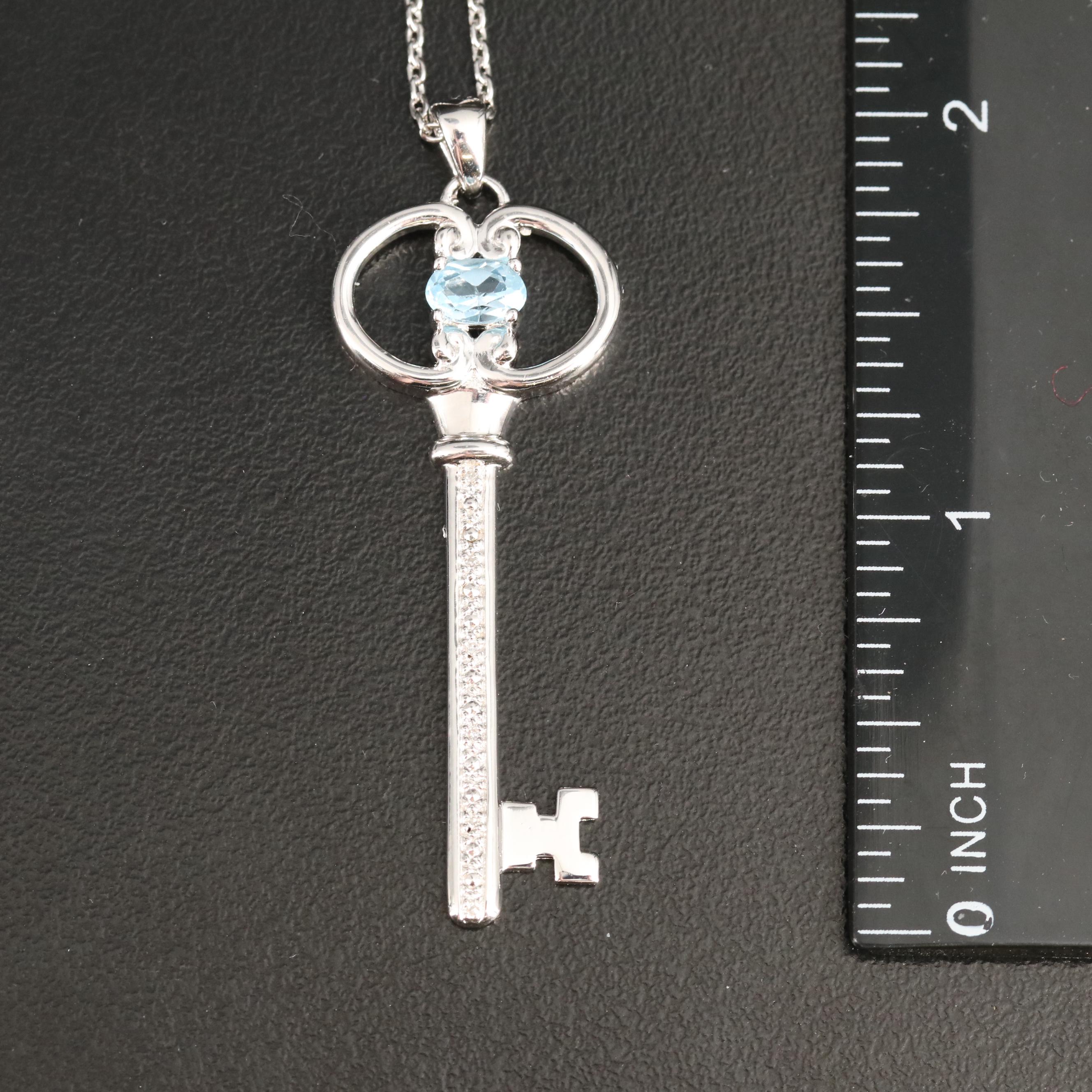 Sterling Sky Blue Topaz and Diamond Key Pendant Necklace