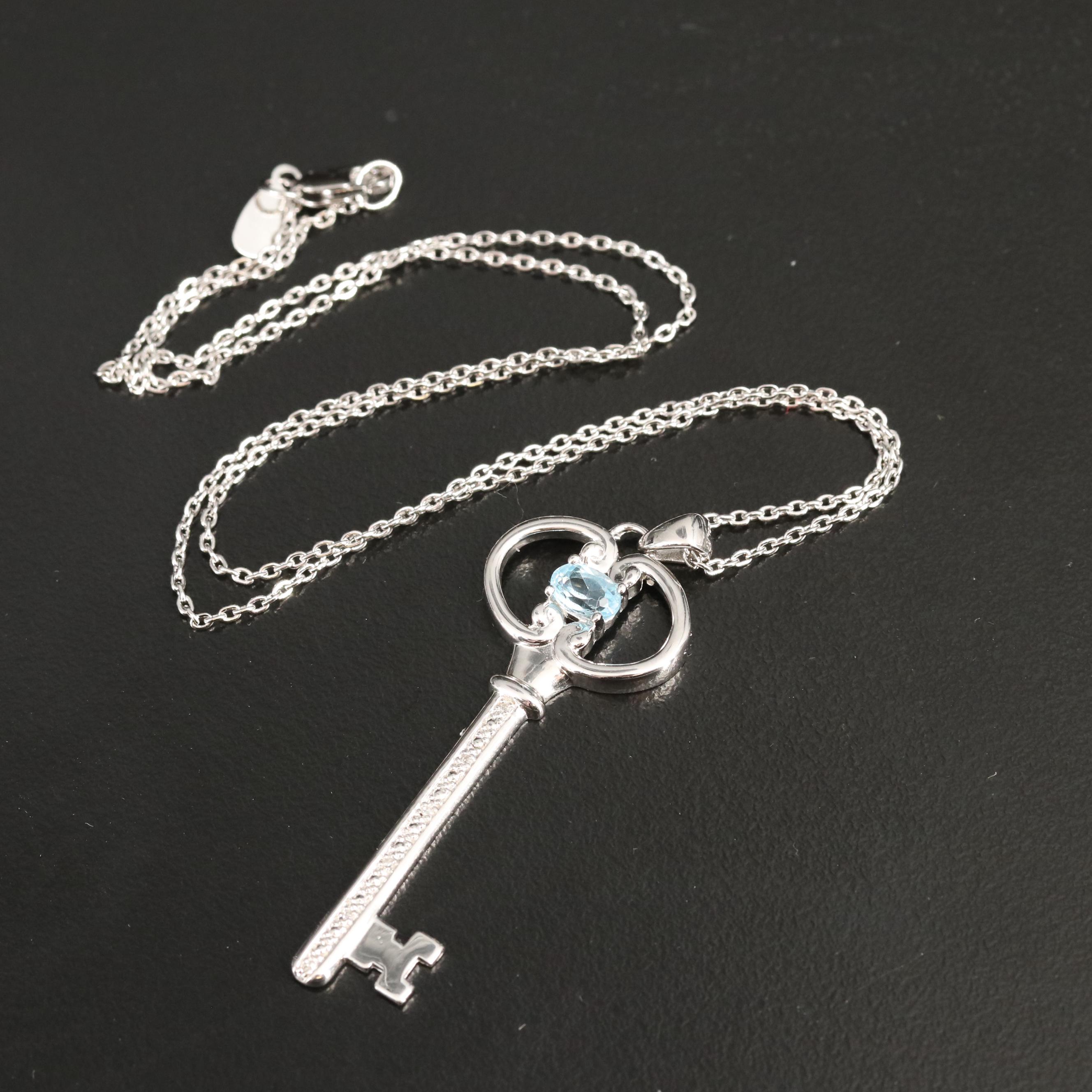 Sterling Sky Blue Topaz and Diamond Key Pendant Necklace