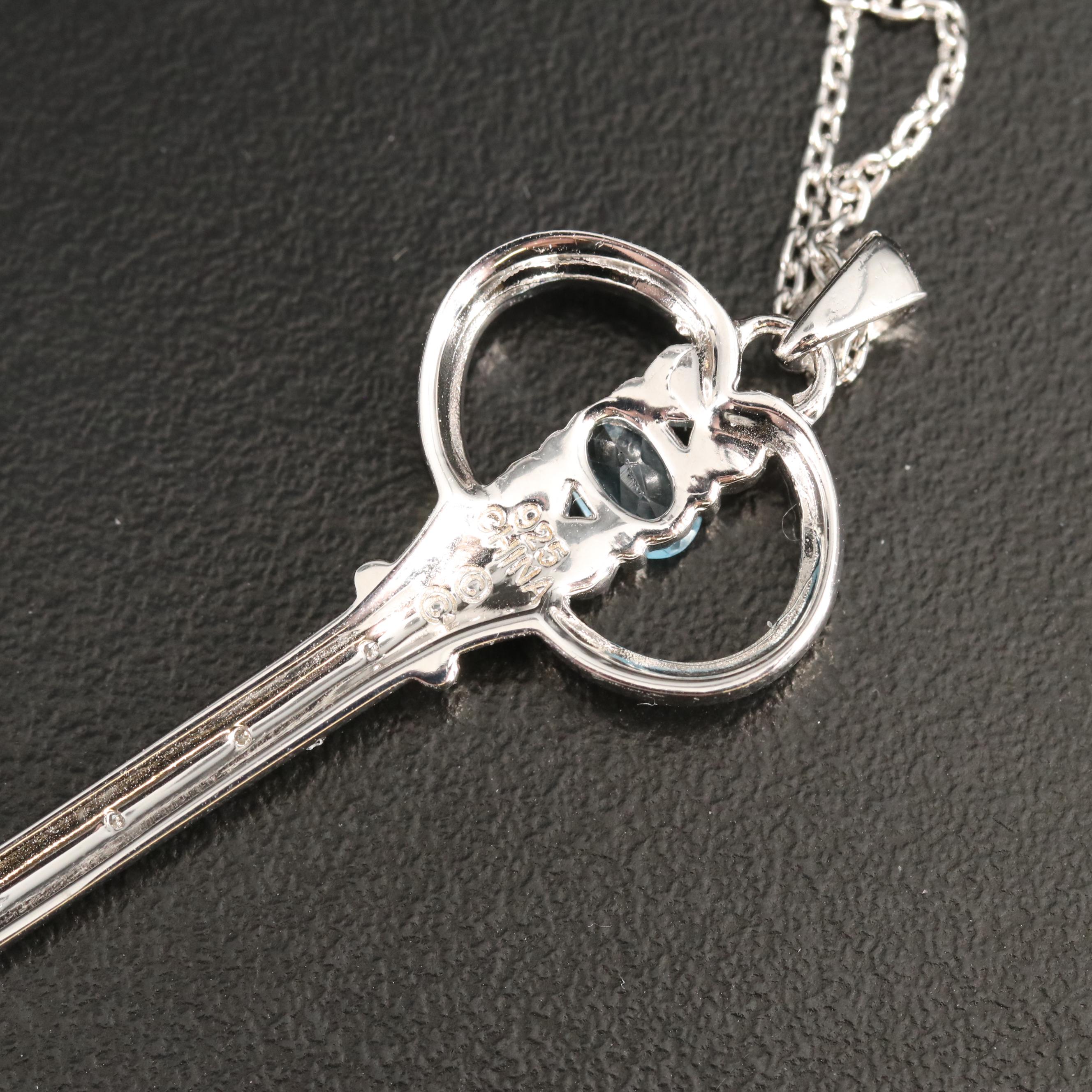 Sterling Sky Blue Topaz and Diamond Key Pendant Necklace