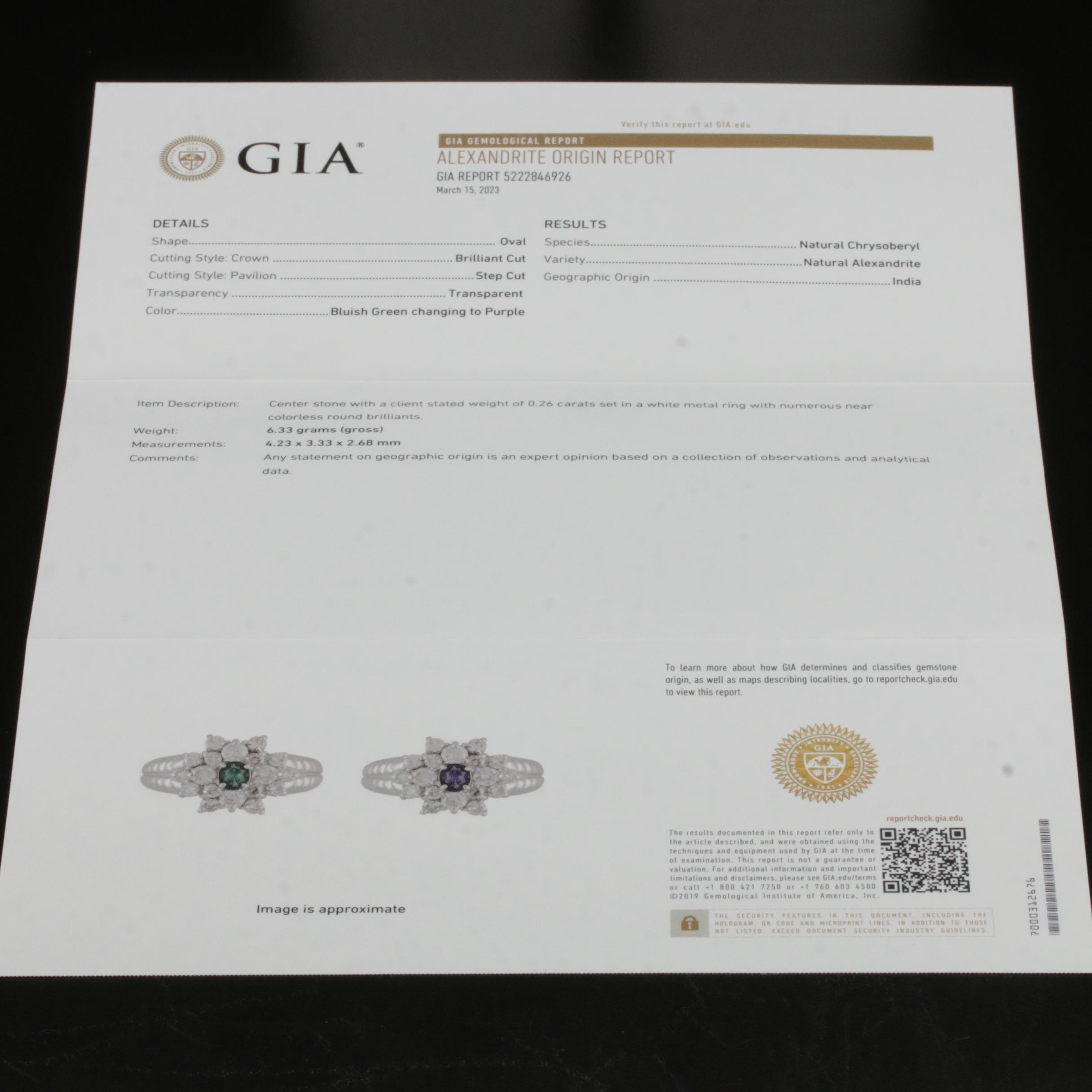 Platinum Indian Alexandrite and Diamond Ring with GIA Report