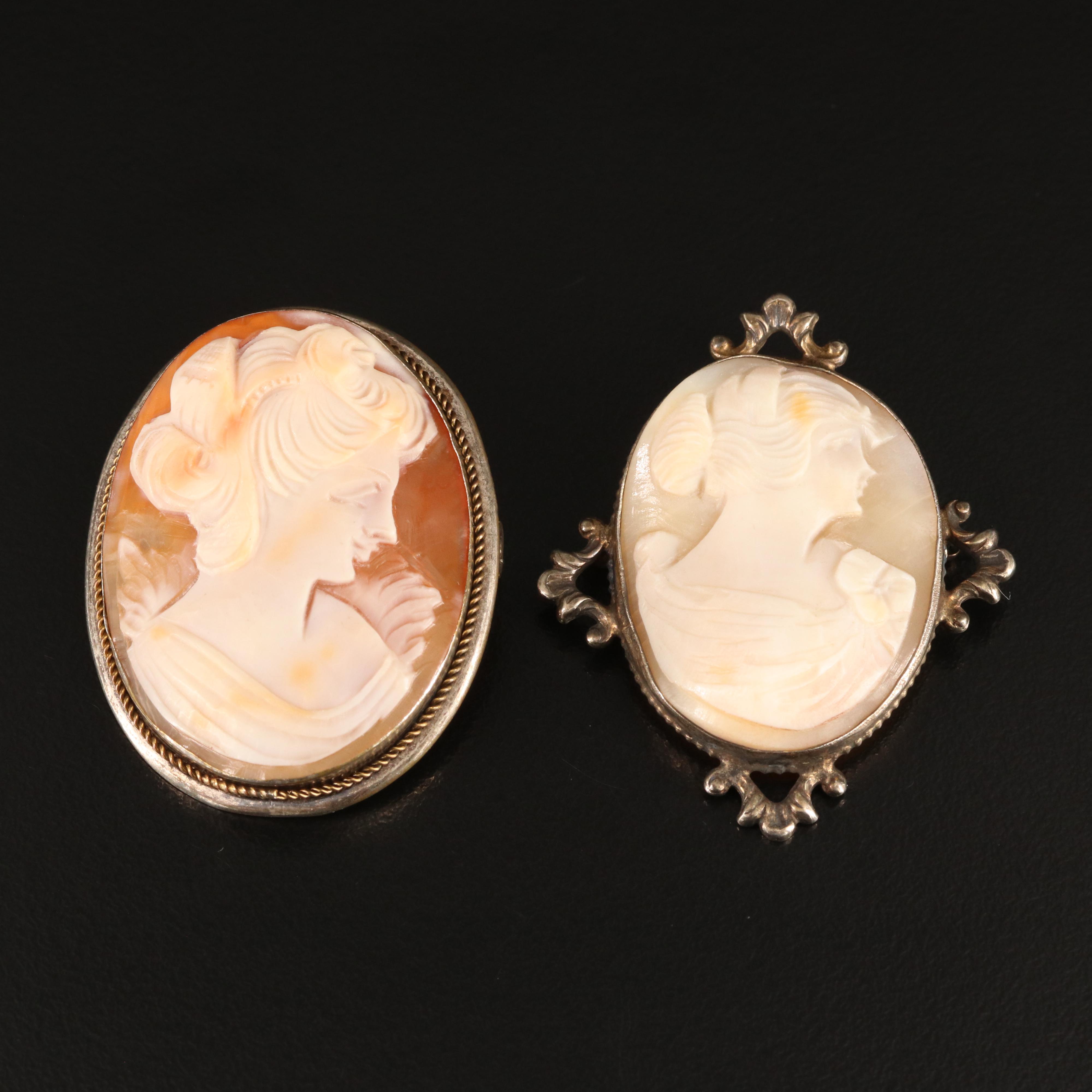 Vintage Cameo Brooches Including Sterling