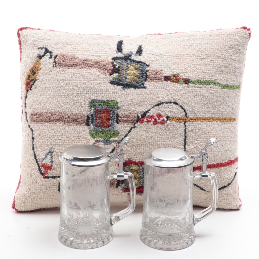 Alwe German Etched Glass Beer Steins with Accent Pillow