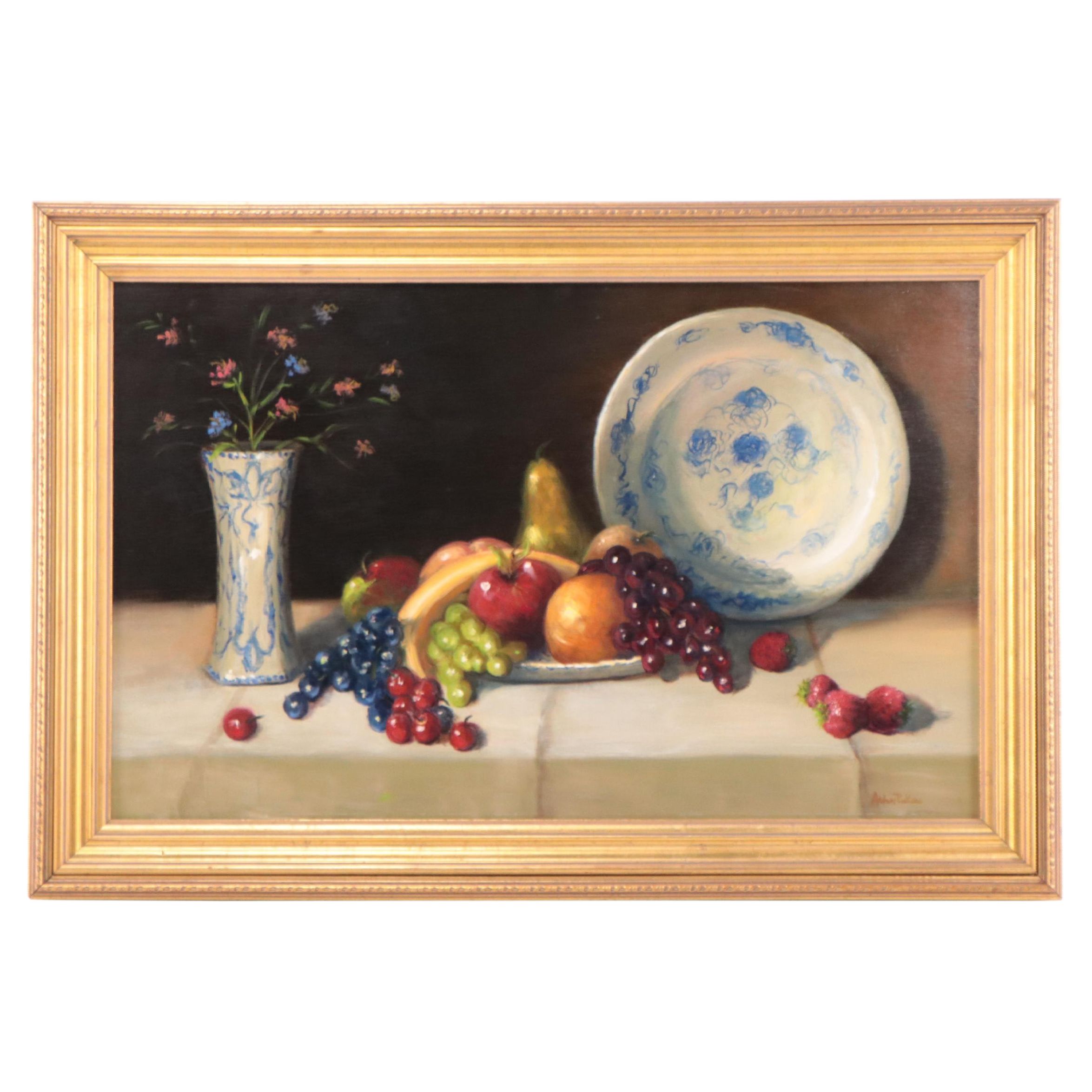 Arlen Perkins Withey Oil Painting "Blue Dishes with Fruit," 1995