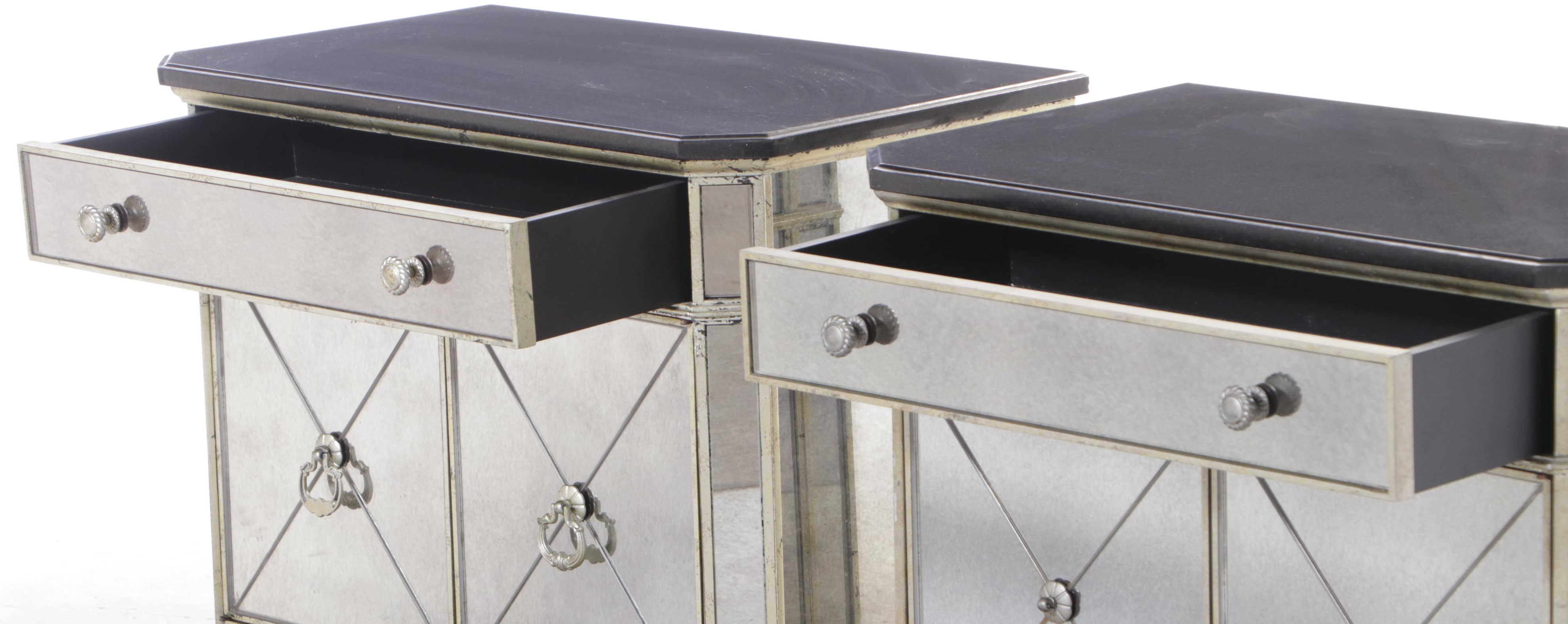 Pair of Bassett "Borghese" MIrrored, Silver-Gilt, and Granite Top Nightstands