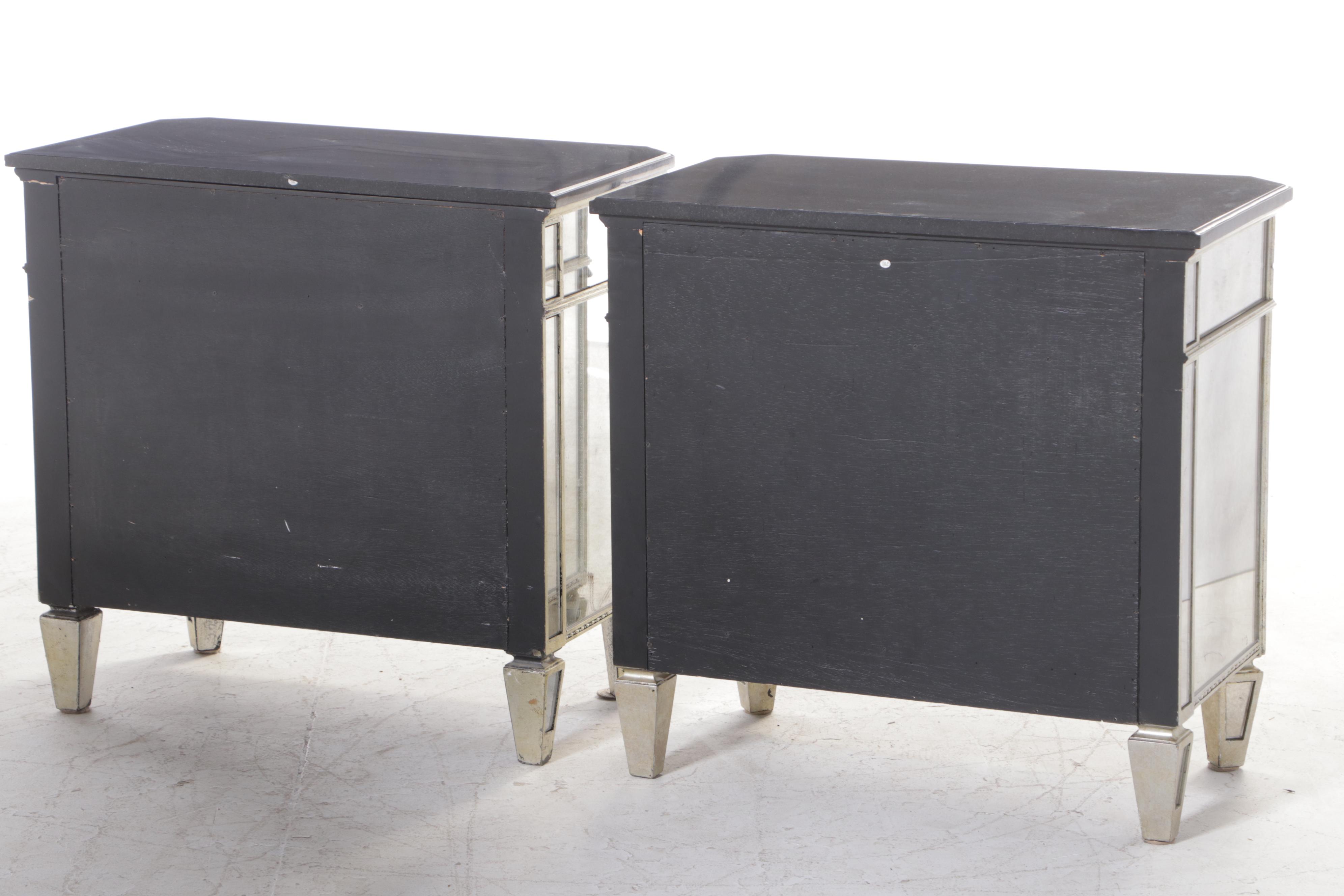 Pair of Bassett "Borghese" MIrrored, Silver-Gilt, and Granite Top Nightstands