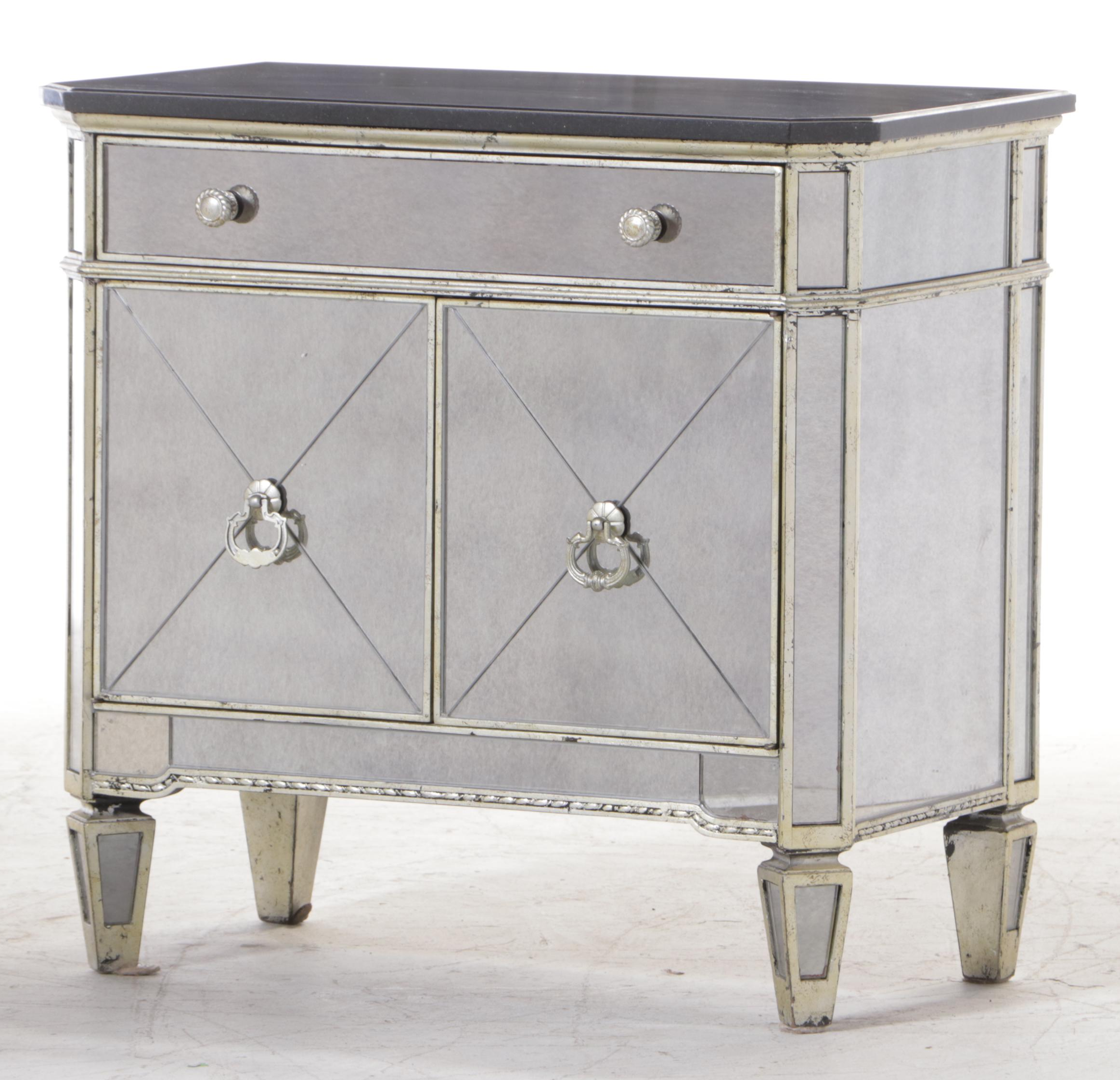 Pair of Bassett "Borghese" MIrrored, Silver-Gilt, and Granite Top Nightstands