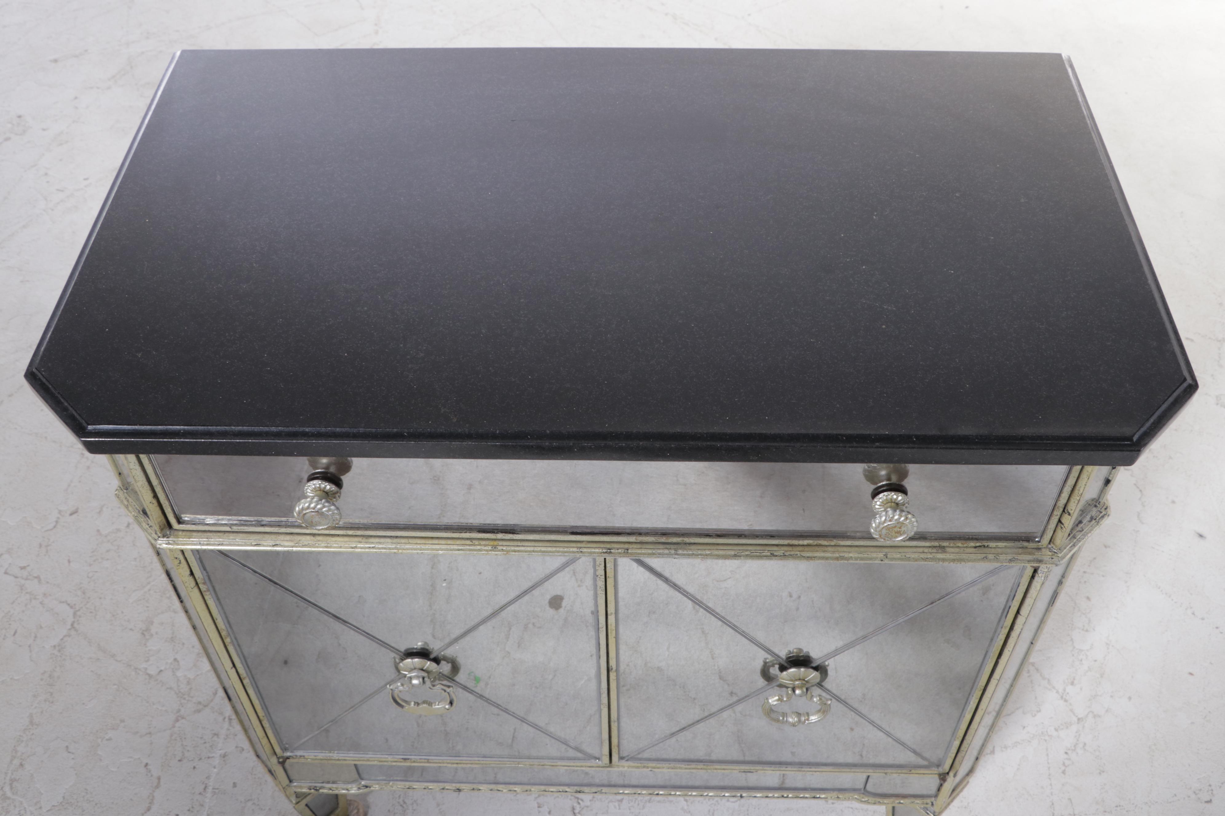 Pair of Bassett "Borghese" MIrrored, Silver-Gilt, and Granite Top Nightstands