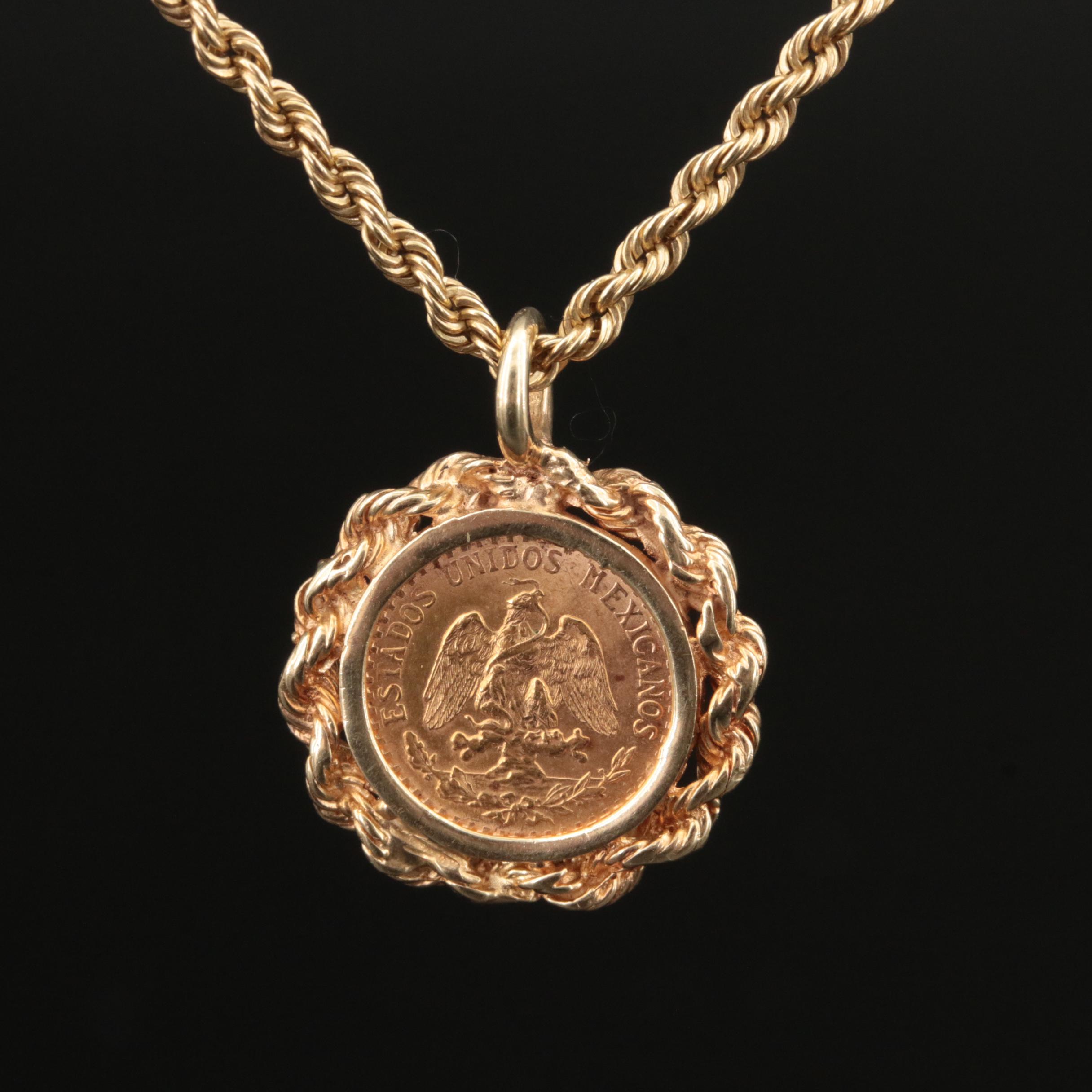 14K Rope Chain Necklace with 1945 Mexico 2-Pesos 21K Gold Coin Pendant