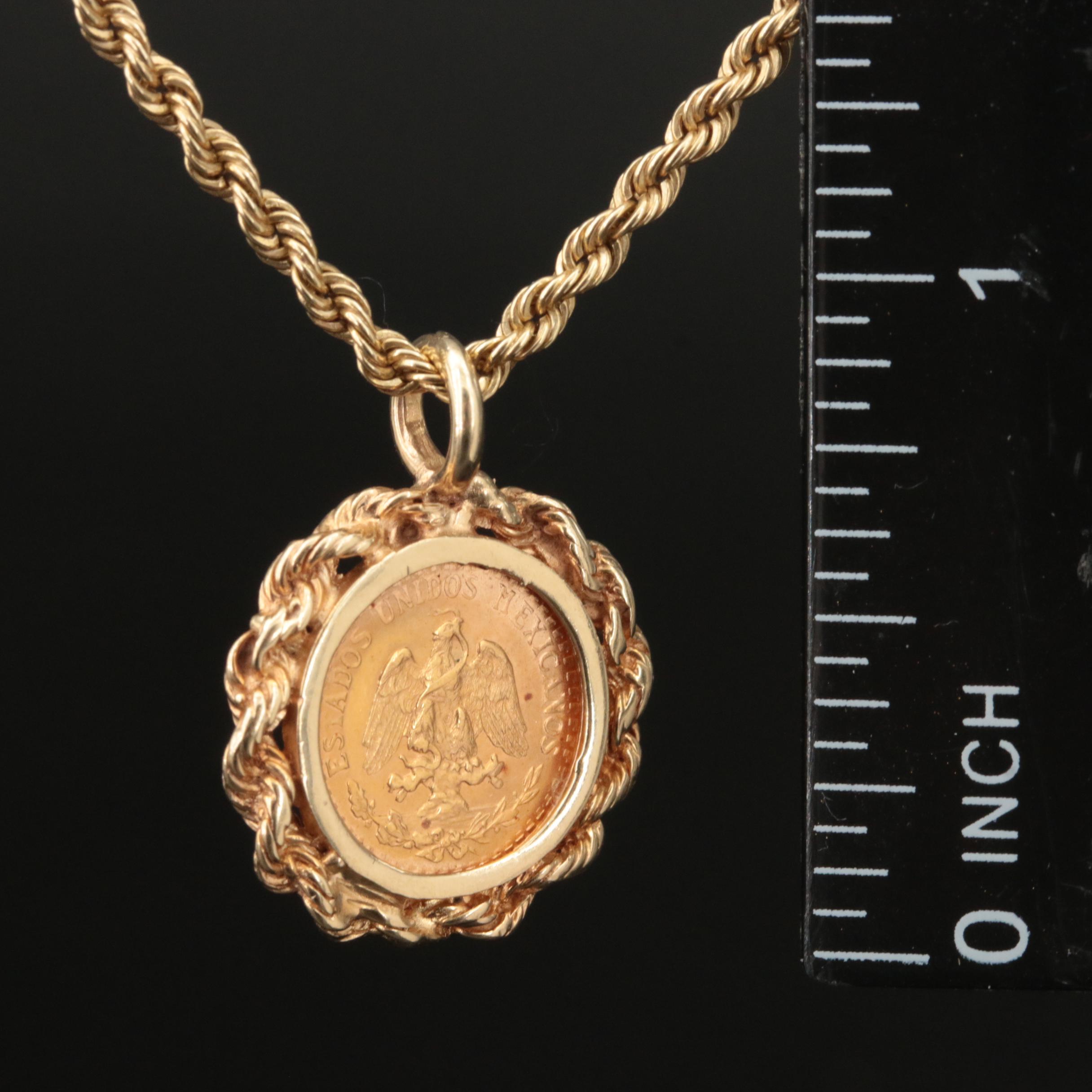 14K Rope Chain Necklace with 1945 Mexico 2-Pesos 21K Gold Coin Pendant