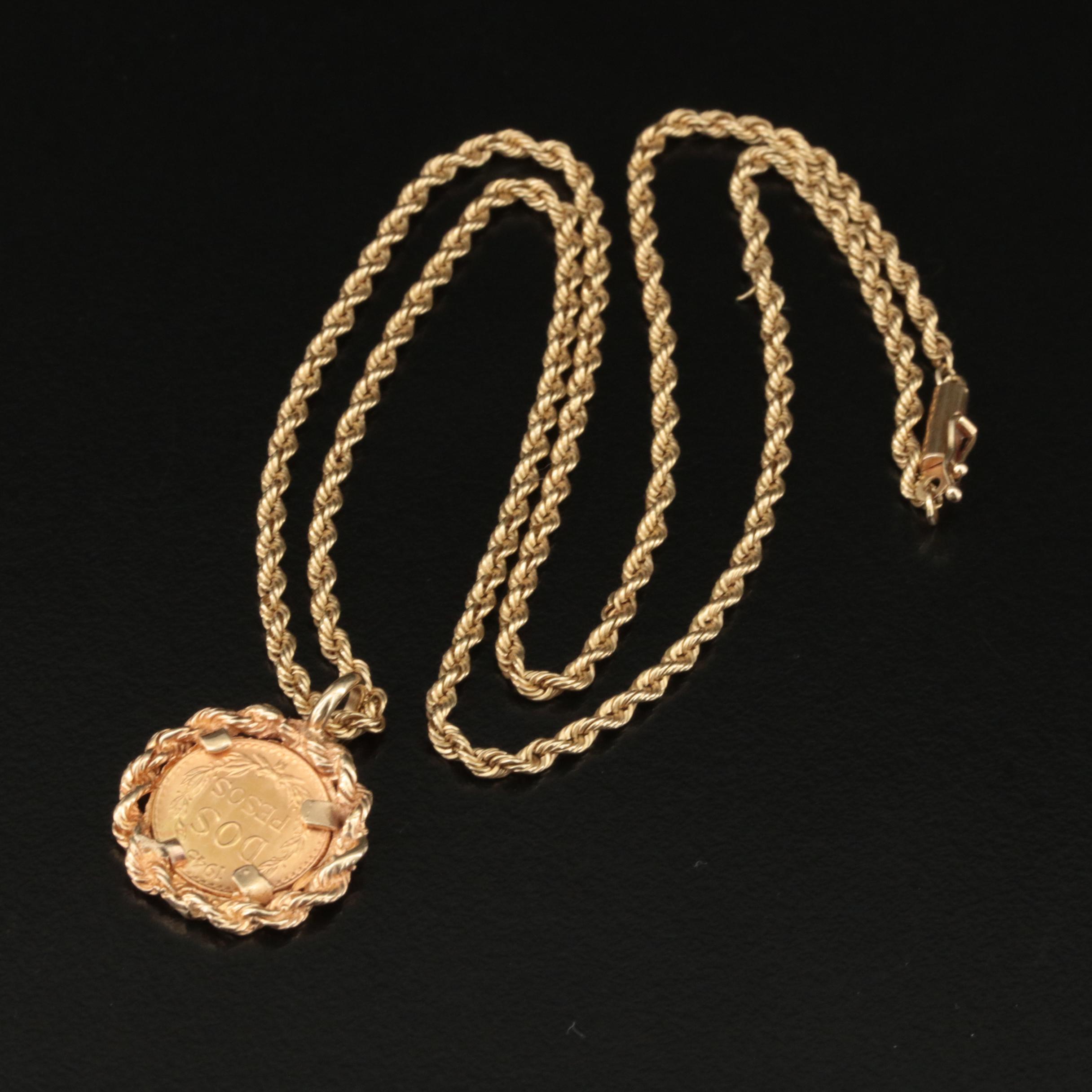 14K Rope Chain Necklace with 1945 Mexico 2-Pesos 21K Gold Coin Pendant
