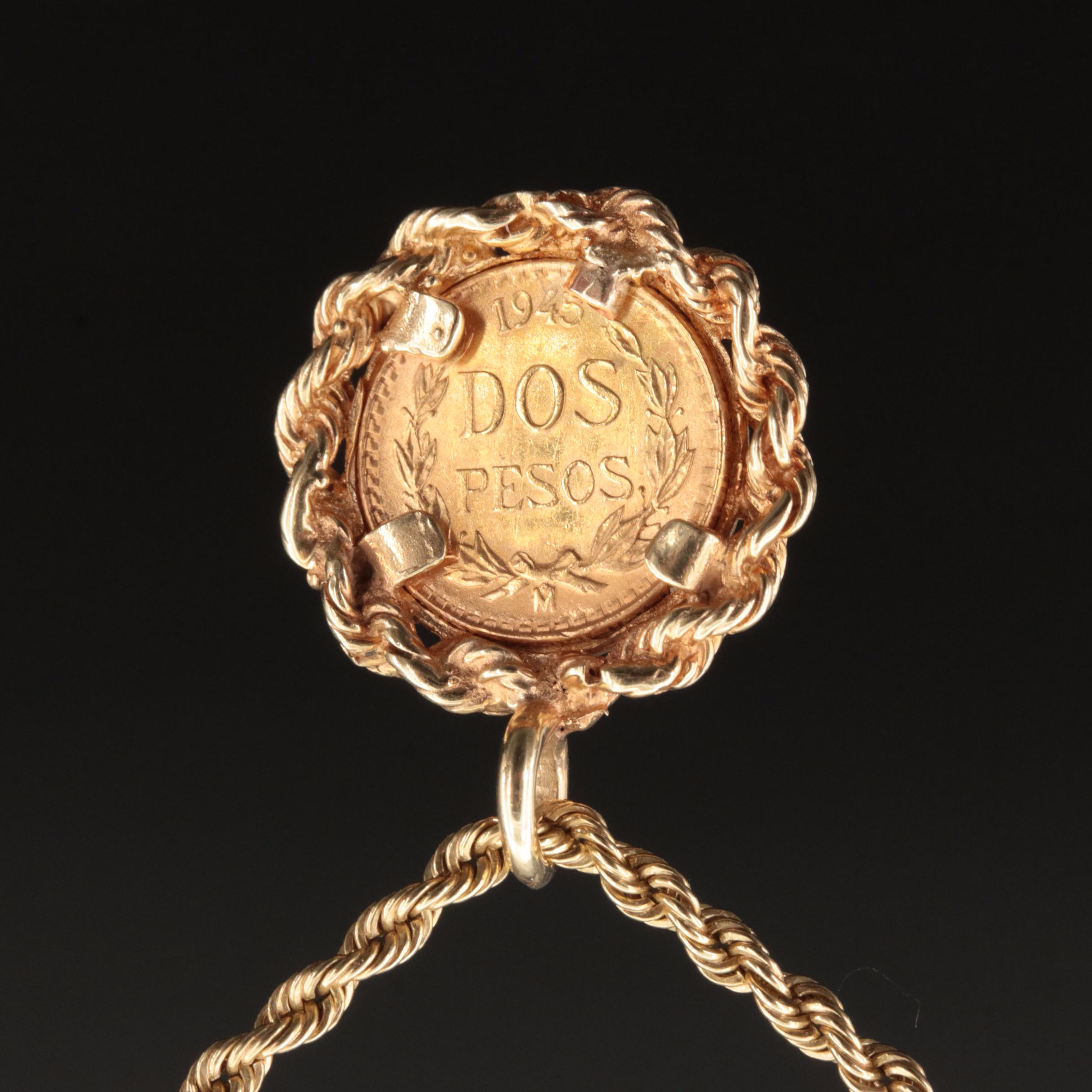 14K Rope Chain Necklace with 1945 Mexico 2-Pesos 21K Gold Coin Pendant