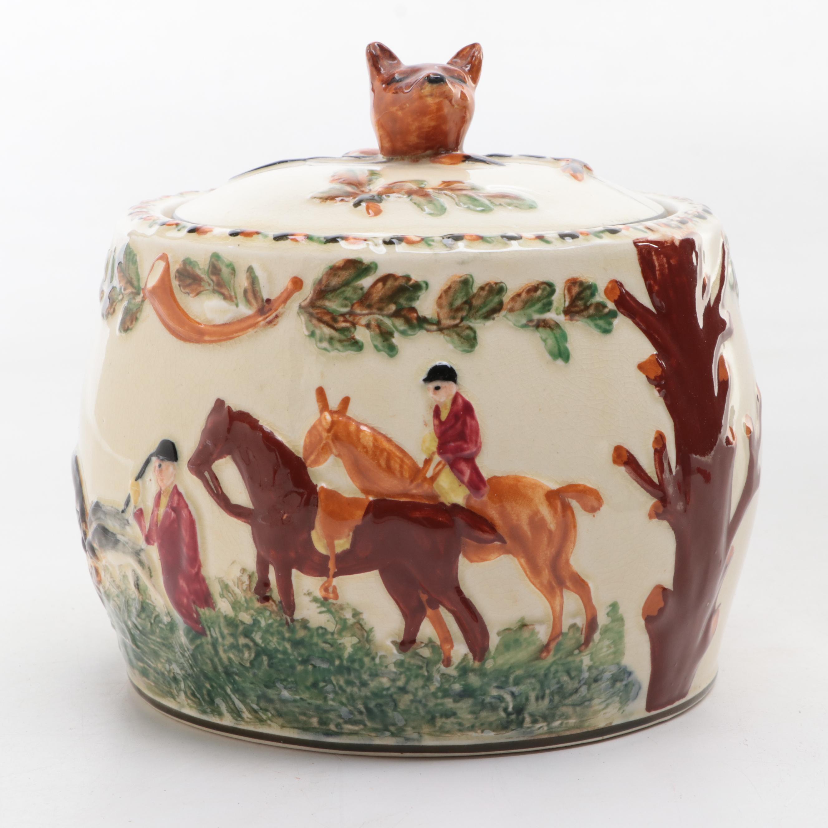 Crown Devon Tobacco Jar with Fox Hunt Scene and Wedgwood Silver Jubilee Box