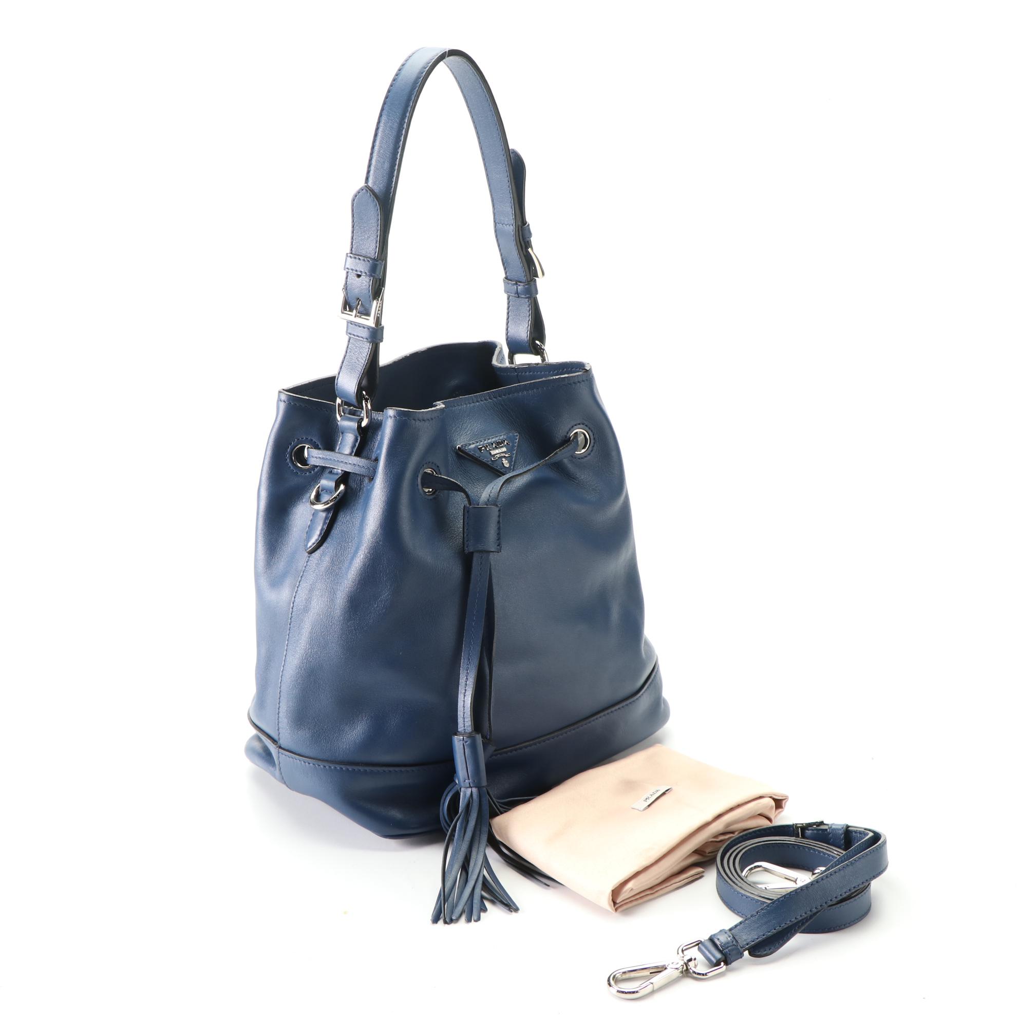 Prada Blue Leather Tassel Bucket Bag with Detachable Strap