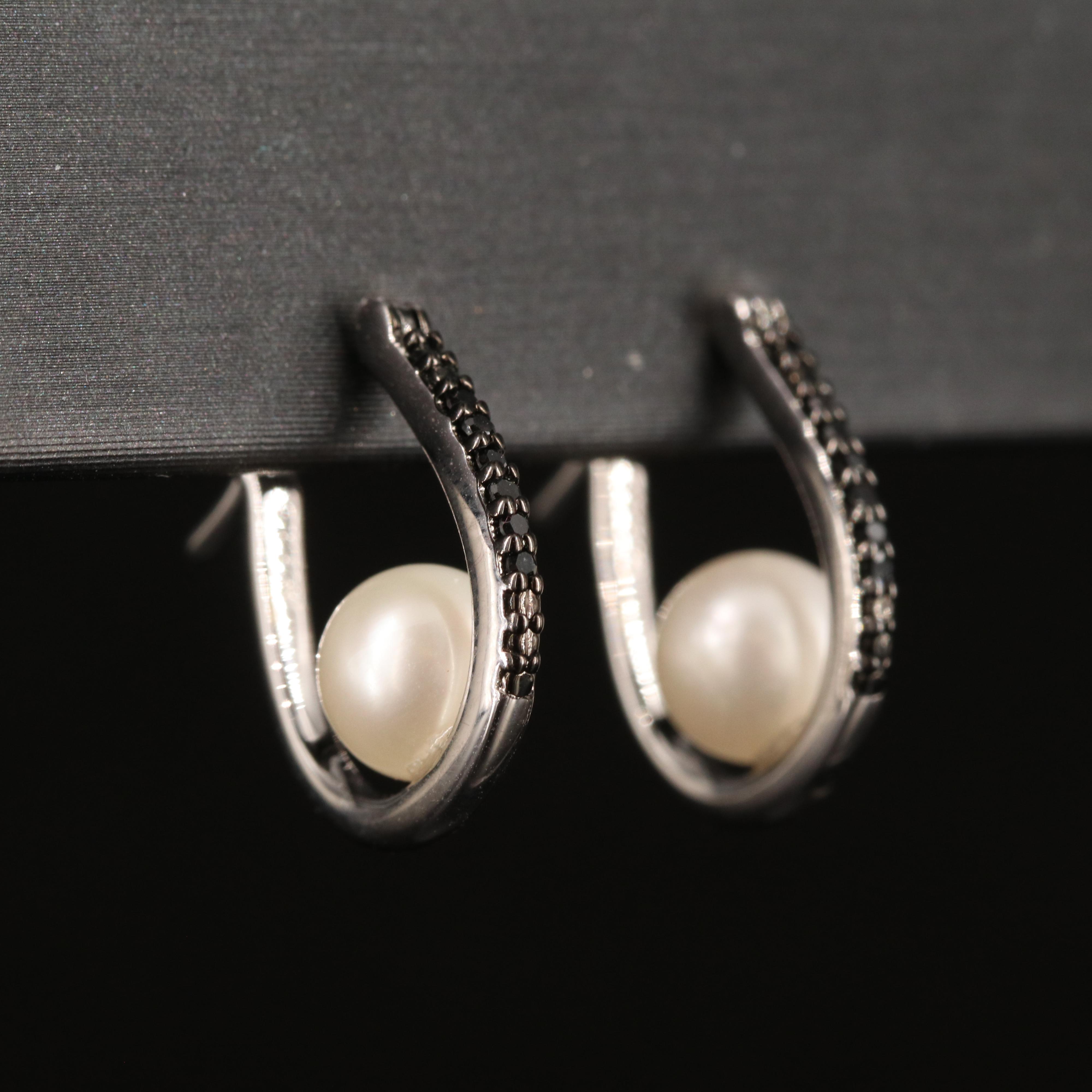 Sterling Pearl and Diamond Hoop Earrings