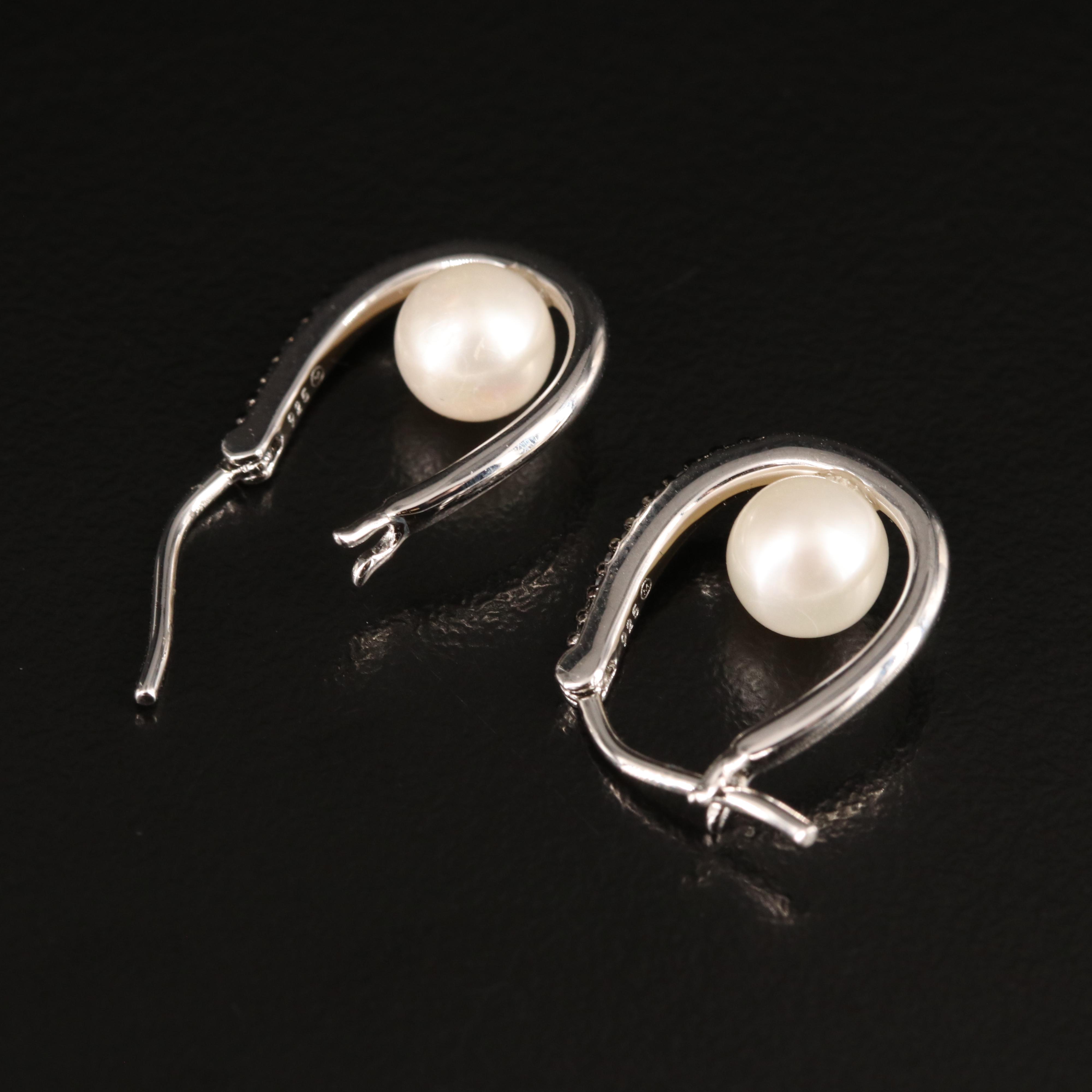 Sterling Pearl and Diamond Hoop Earrings