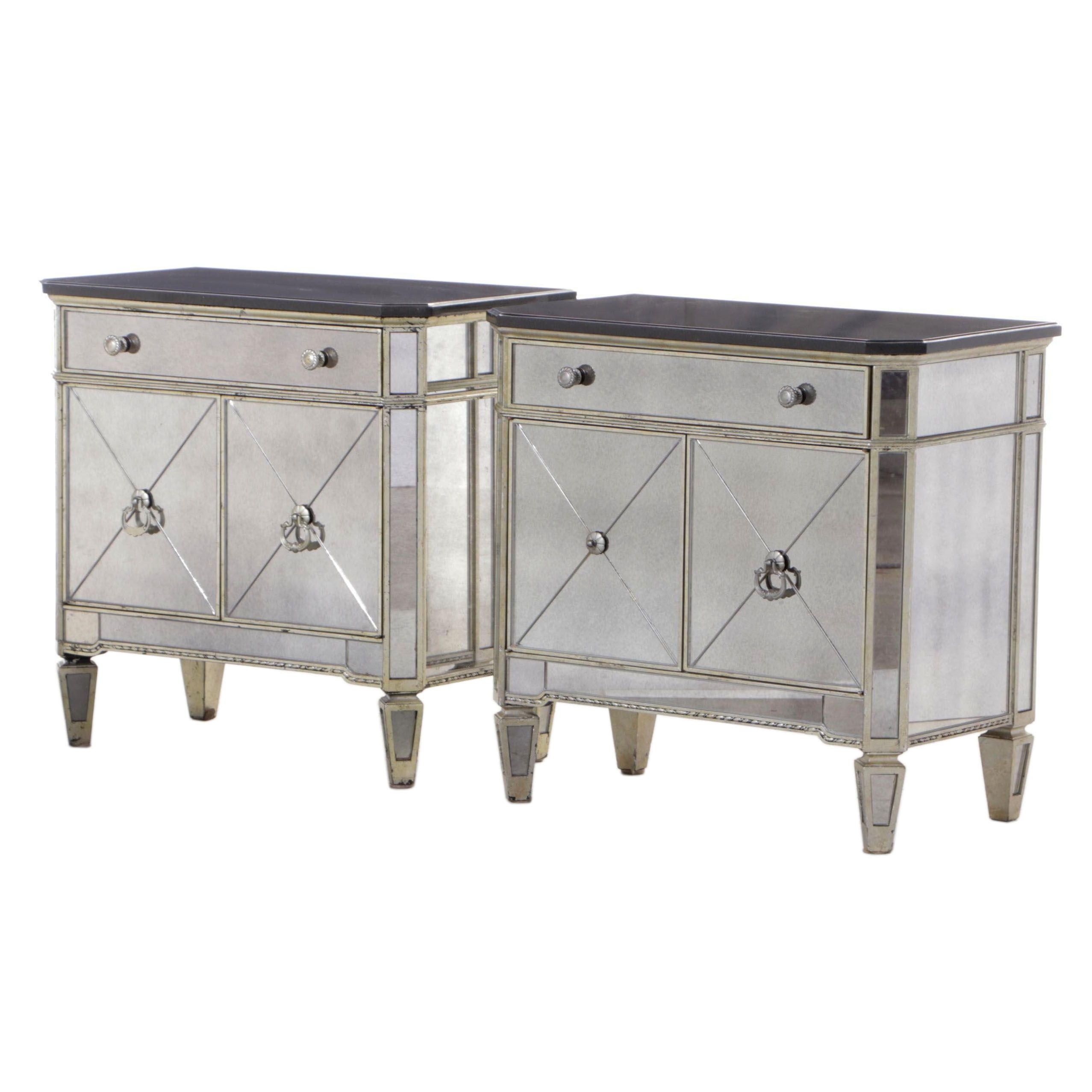 Pair of Bassett "Borghese" MIrrored, Silver-Gilt, and Granite Top Nightstands