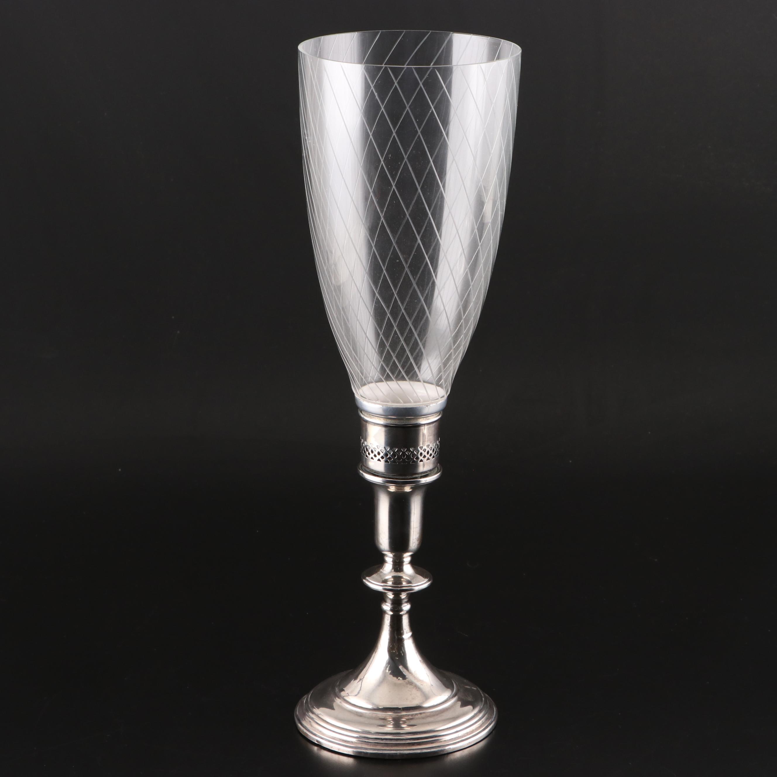 Redlich & Co. Sterling Silver Candlesticks with Spiral Etched Glass Shades