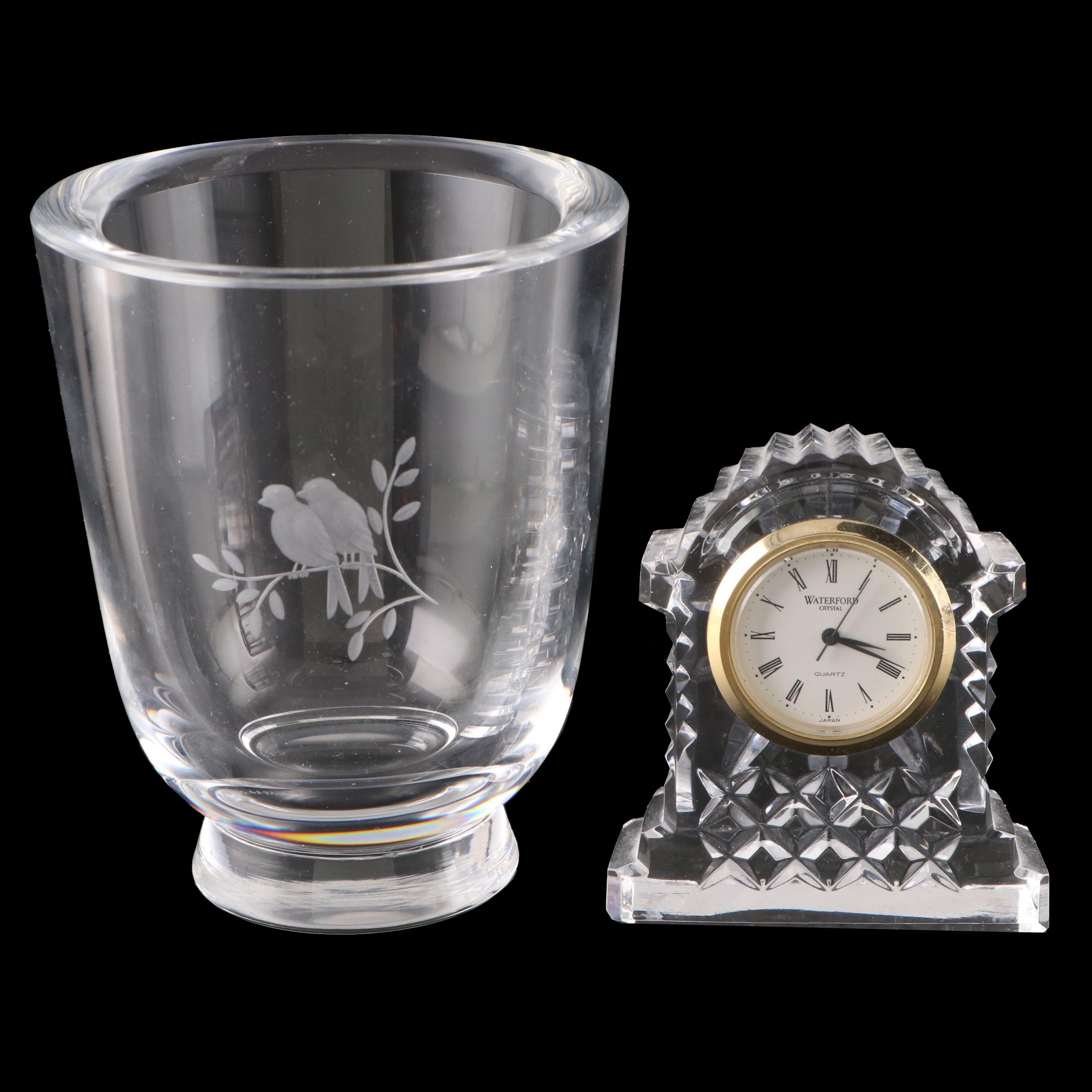 Orrefors Crystal "Love Birds" vase with Waterford Crystal "Carriage" Clock