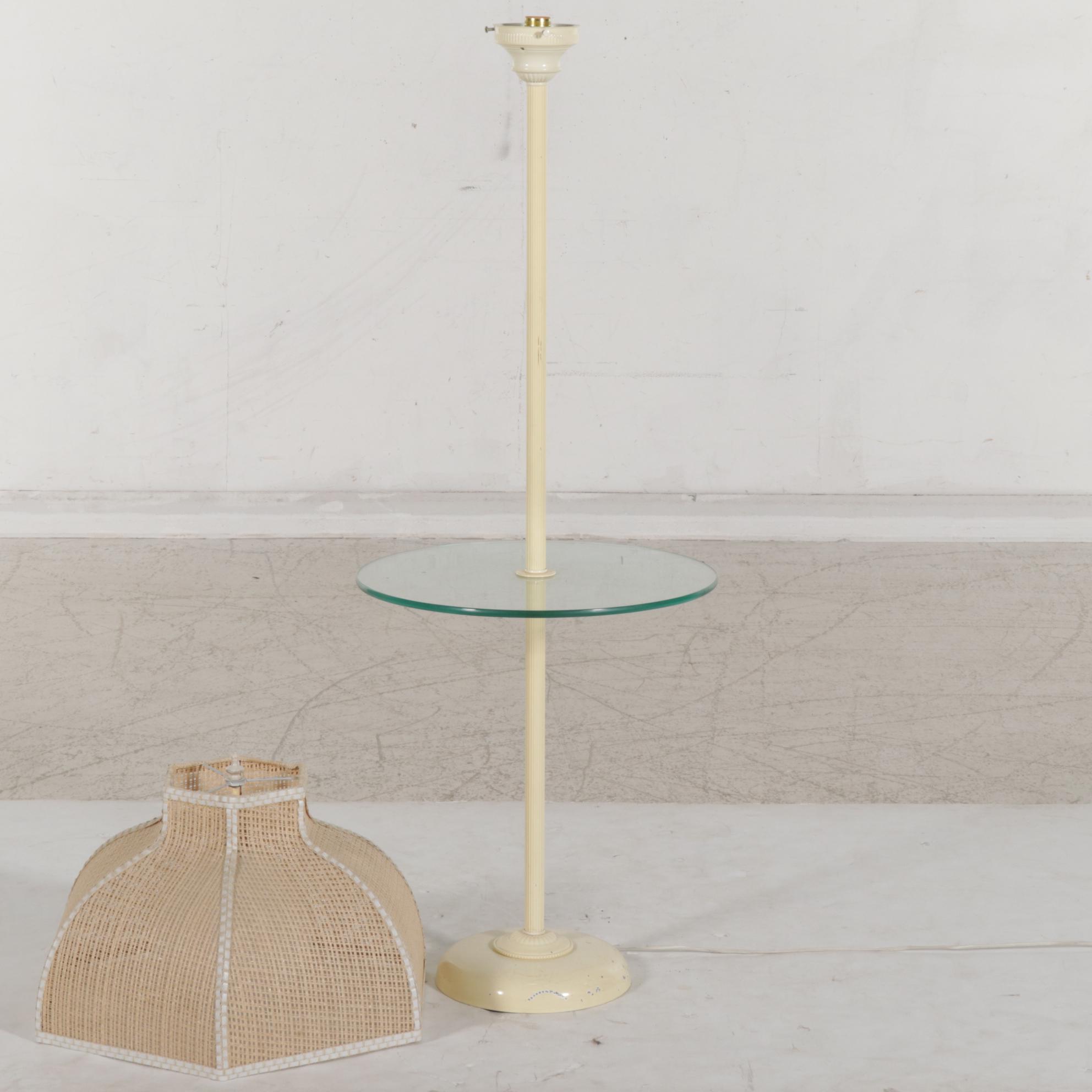 Metal Glass Top Lamp Table with Woven Cord Lampshade, Mid 20th Century