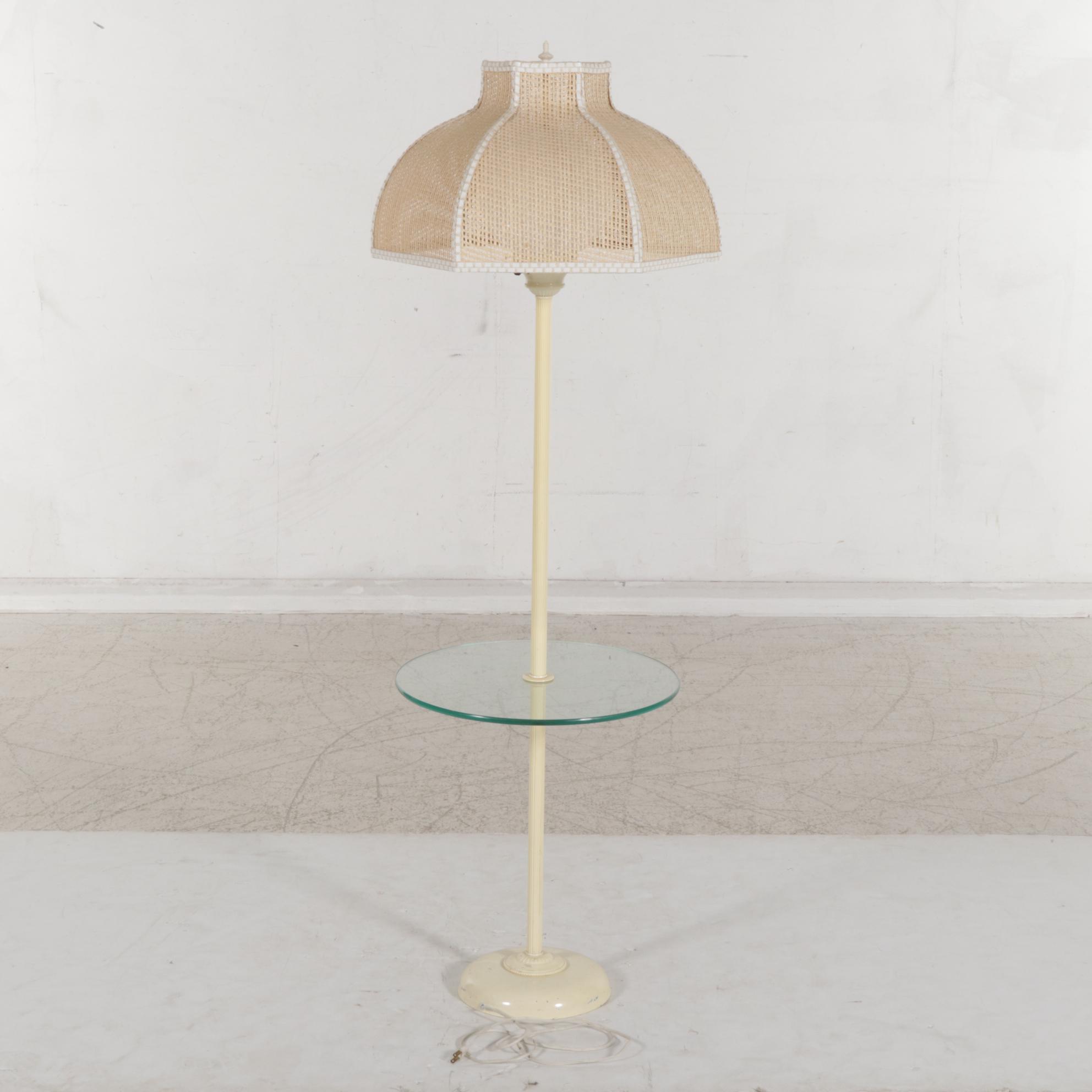 Metal Glass Top Lamp Table with Woven Cord Lampshade, Mid 20th Century