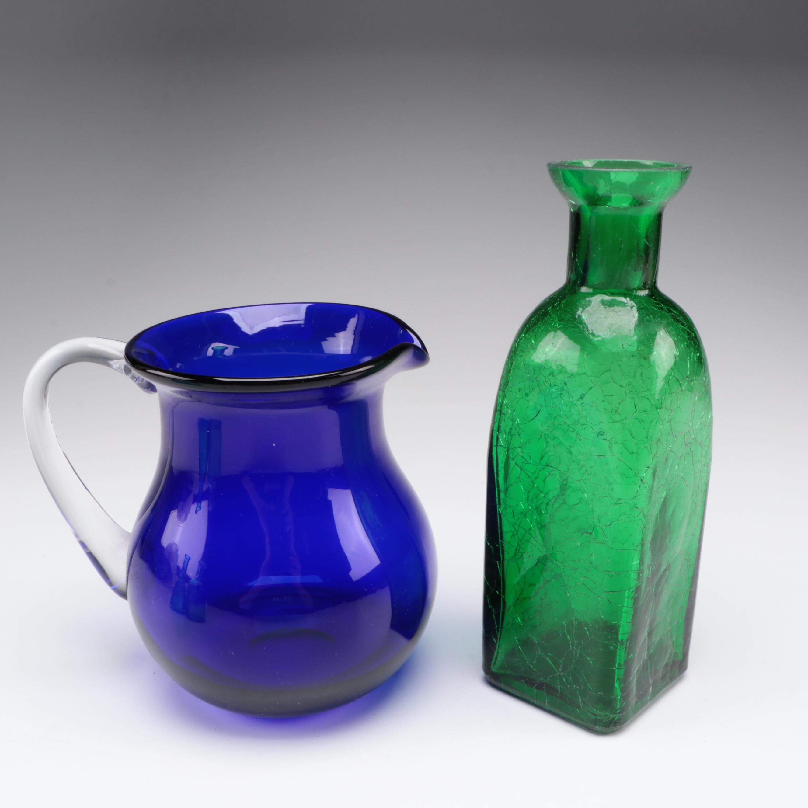 Cobalt Glass Pitcher and Various Glass Bottle Vases